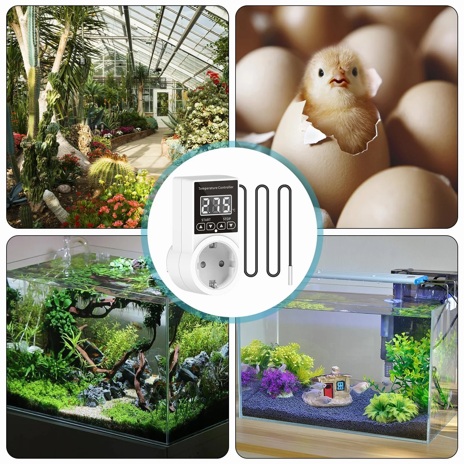 Cyfrowy termostat gniazdka 230 V z sondą LCD do szklarni, akwarium, terrarium