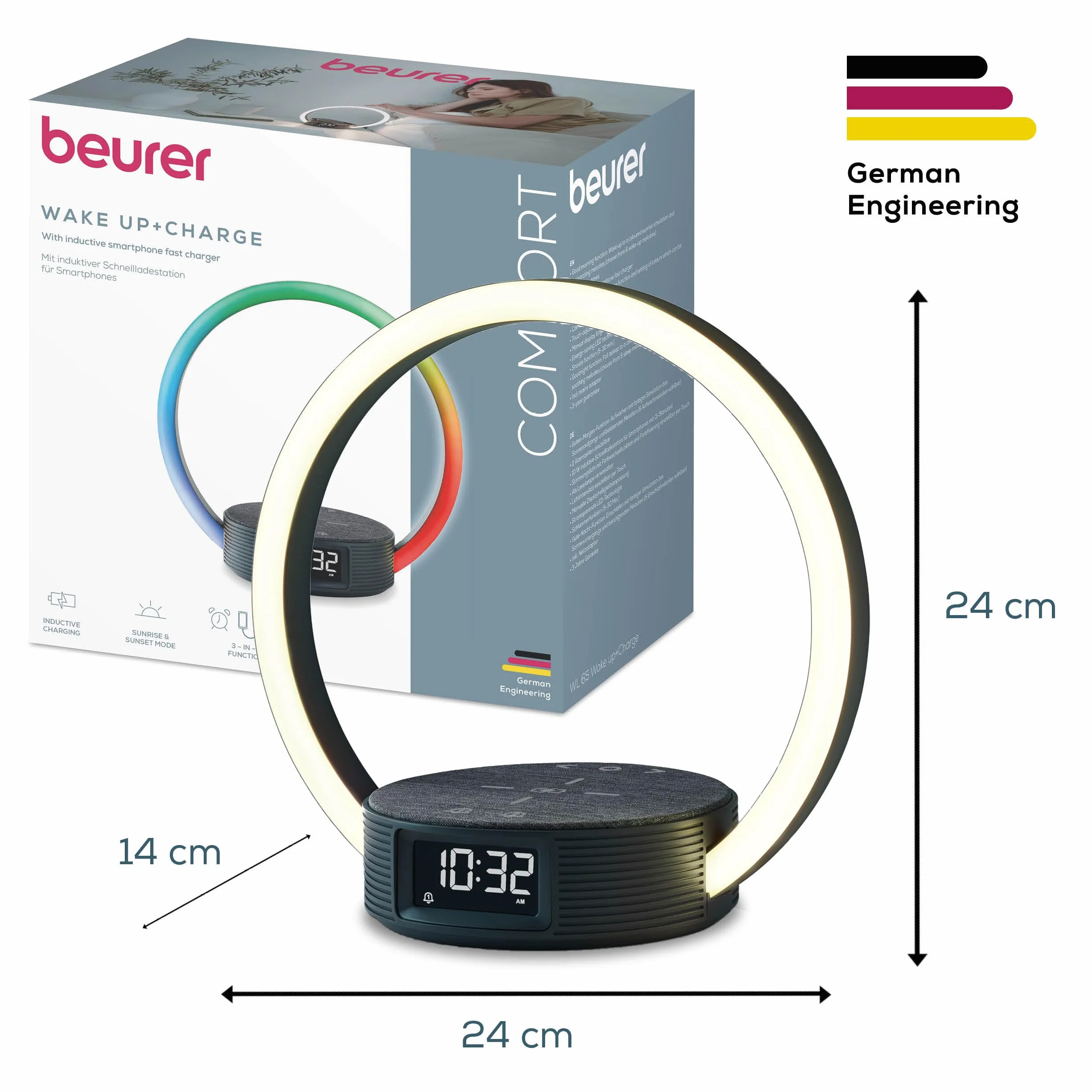 Beurer WL 65 Wake Up + Charge Budzik świetlny z funkcją ładowania smartfonów, symulacją wschodu słońca i ściemnianą lampką nocną