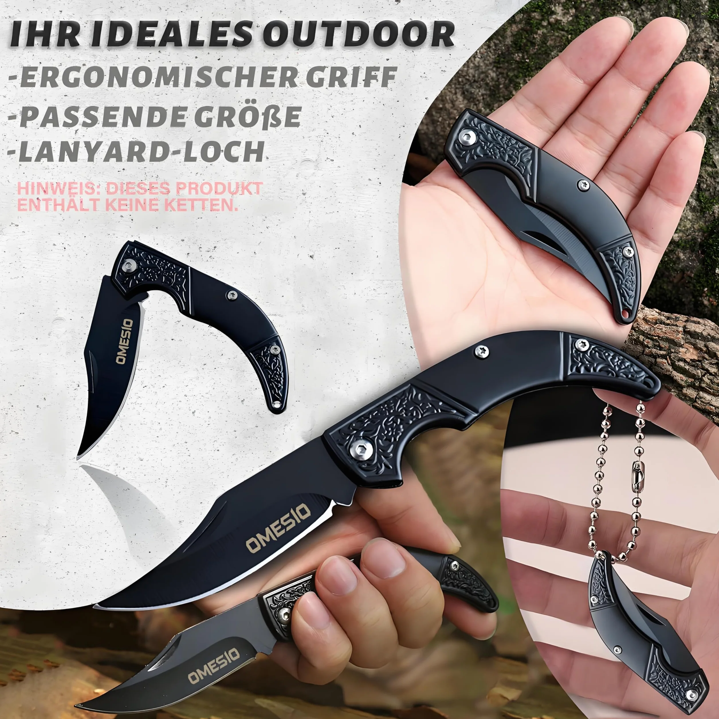 Omesio Mini scyzoryk 8,5 cm, mały składany nóż oburęczny, nóż dwuręczny, brelok, zewnętrzny, ostry, czarny