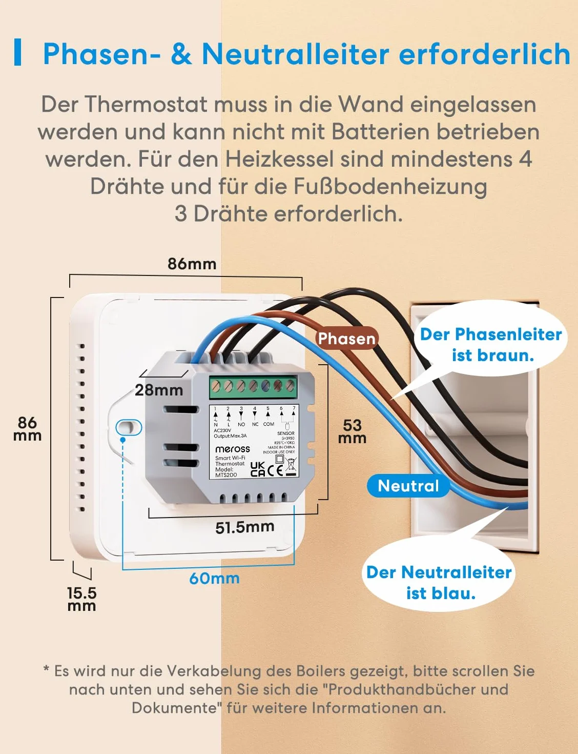 Meross MTS200BHK Inteligentny termostat bojlera Wi-Fi, ścienny, do Siri, Google i Alexa, sterowanie zdalne, harmonogram, ekran dotykowy LED, biały