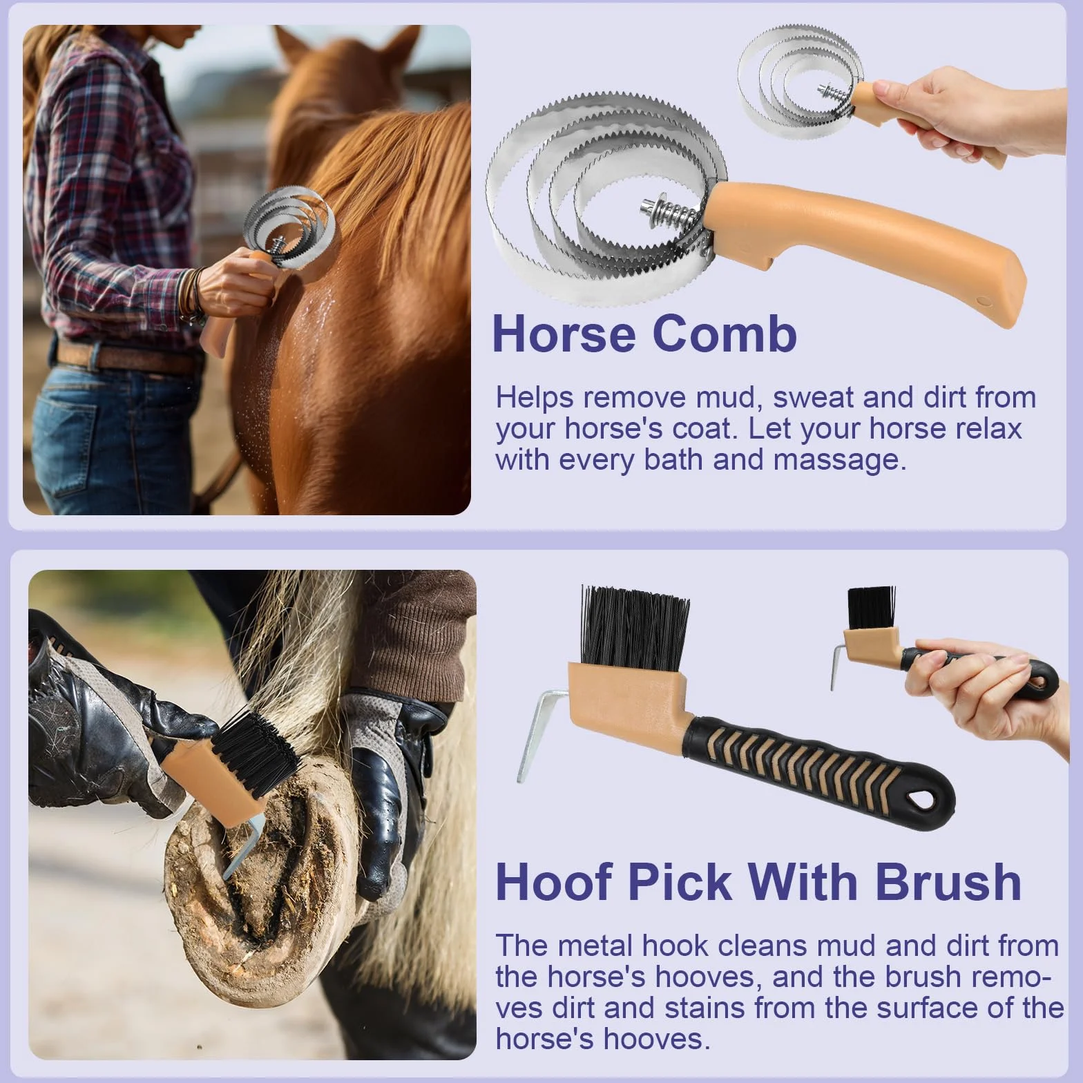 13-częściowy zestaw do pielęgnacji koni z 12 akcesoriami i 1 torbą do przechowywania, seria Horse Care Żółty, Szczotki dla koni, Szczotki z włosia, pielęgnacja koni
