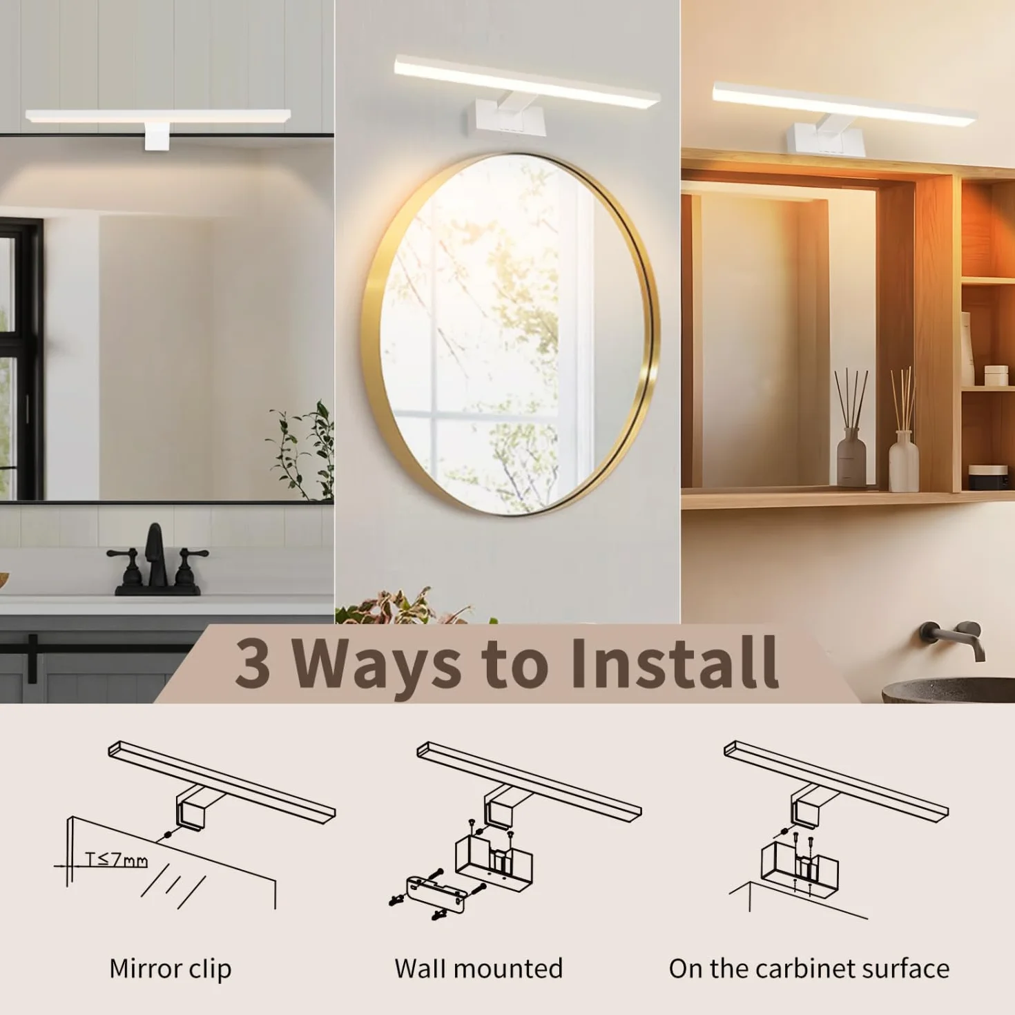 Aigostar Lampa Łazienkowa nad Lustro LED 40cm - Kinkiet Łazienkowy Biała IP44, 3 Sposoby Montażu, 4000K Neutralna Biel, 8W 560lm, 230V