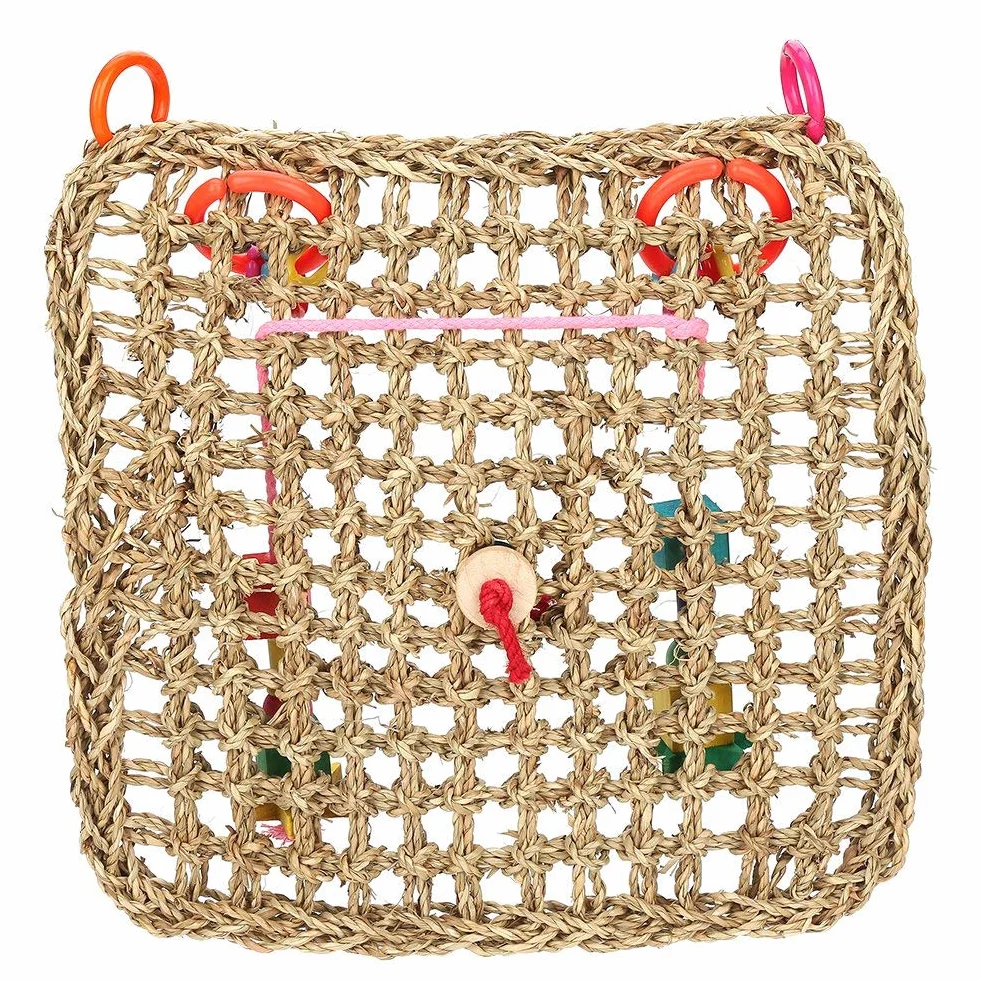 Seagrass Parrot Chew Toy | Hanging Net Mat for Bird Exercise & Entertainment | Secure Bird ToyCage Accessory | 12.6x12.6 Inches with 2 Hooks