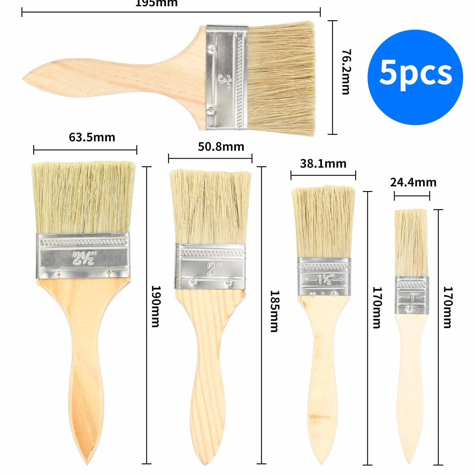 Zestaw 5 płaskich pędzli – pędzel do malowania i pędzel do lakieru z drewnianym uchwytem (25,4/38,1/50,8/63,5/76,2 mm), szeroki pędzel do lazury, bejcy, kleju – idealny jako pędzel do lazury i lazury