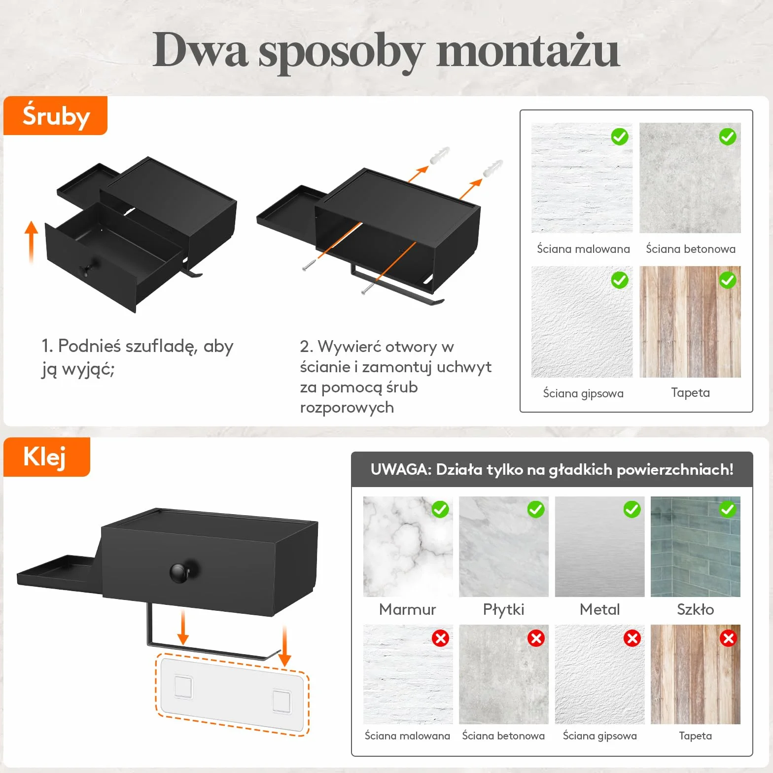 Lifewit SUS304 uchwyt na papier toaletowy, czarny, ze stali nierdzewnej, z pudełkiem na wilgotne chusteczki, uchwyt na papier toaletowy z półką do łazienki, toalety, montaż na klej / śrubę, 1 sztuka