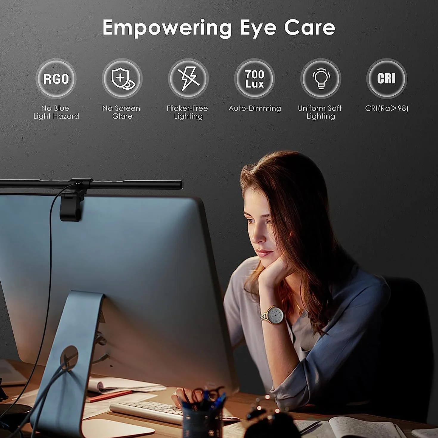 Quntis Lampa do monitora USB ze sterowaniem dotykowym, 40-centymetrowa listwa oświetleniowa monitora z automatycznym ściemnianiem, anty-niebieskim światłem, regulowaną temperaturą barwową i jasnością