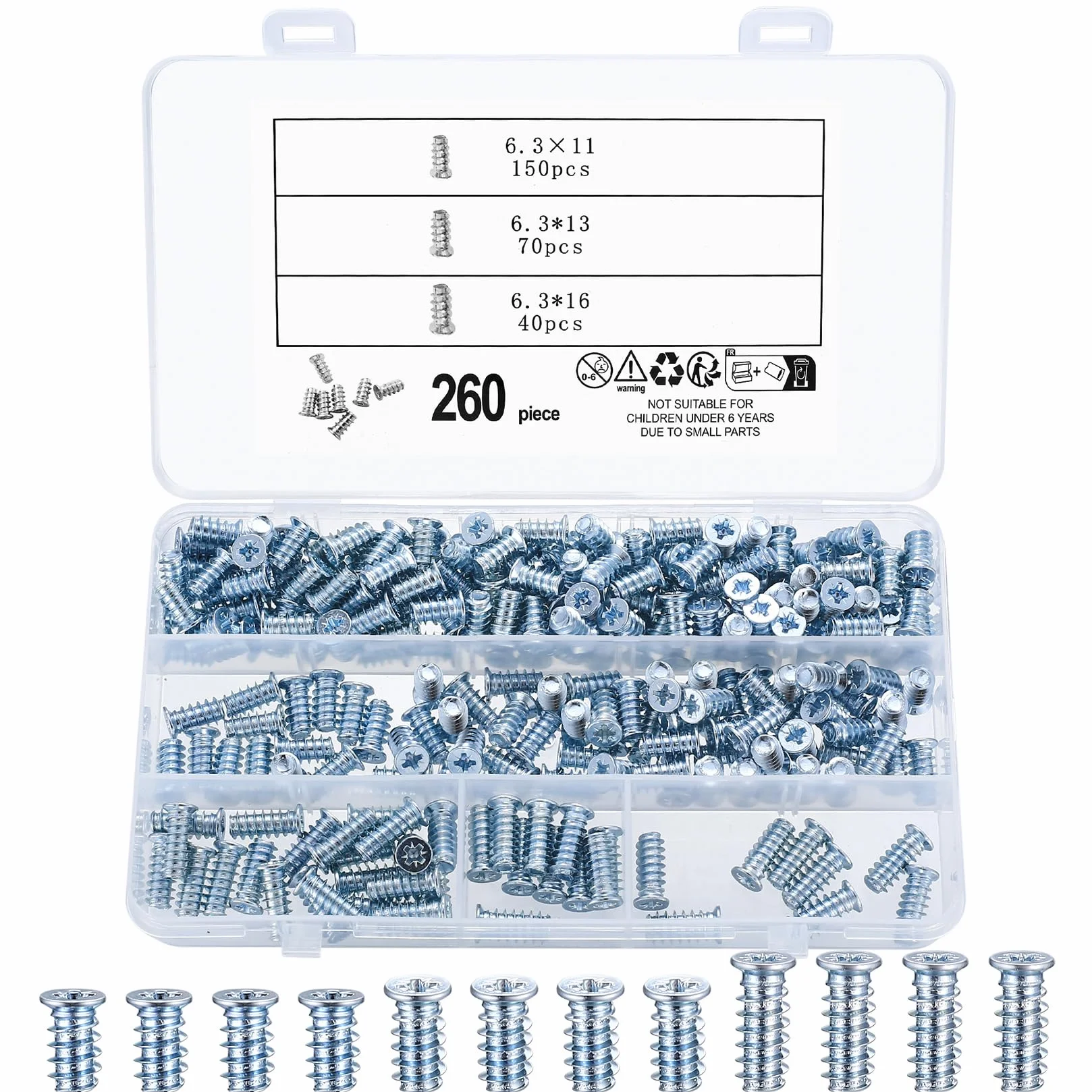 260 Sztuk Wkrętów Euro z Łbem Stożkowym 6,3x11mm 6,3x13mm 6,3x16mm