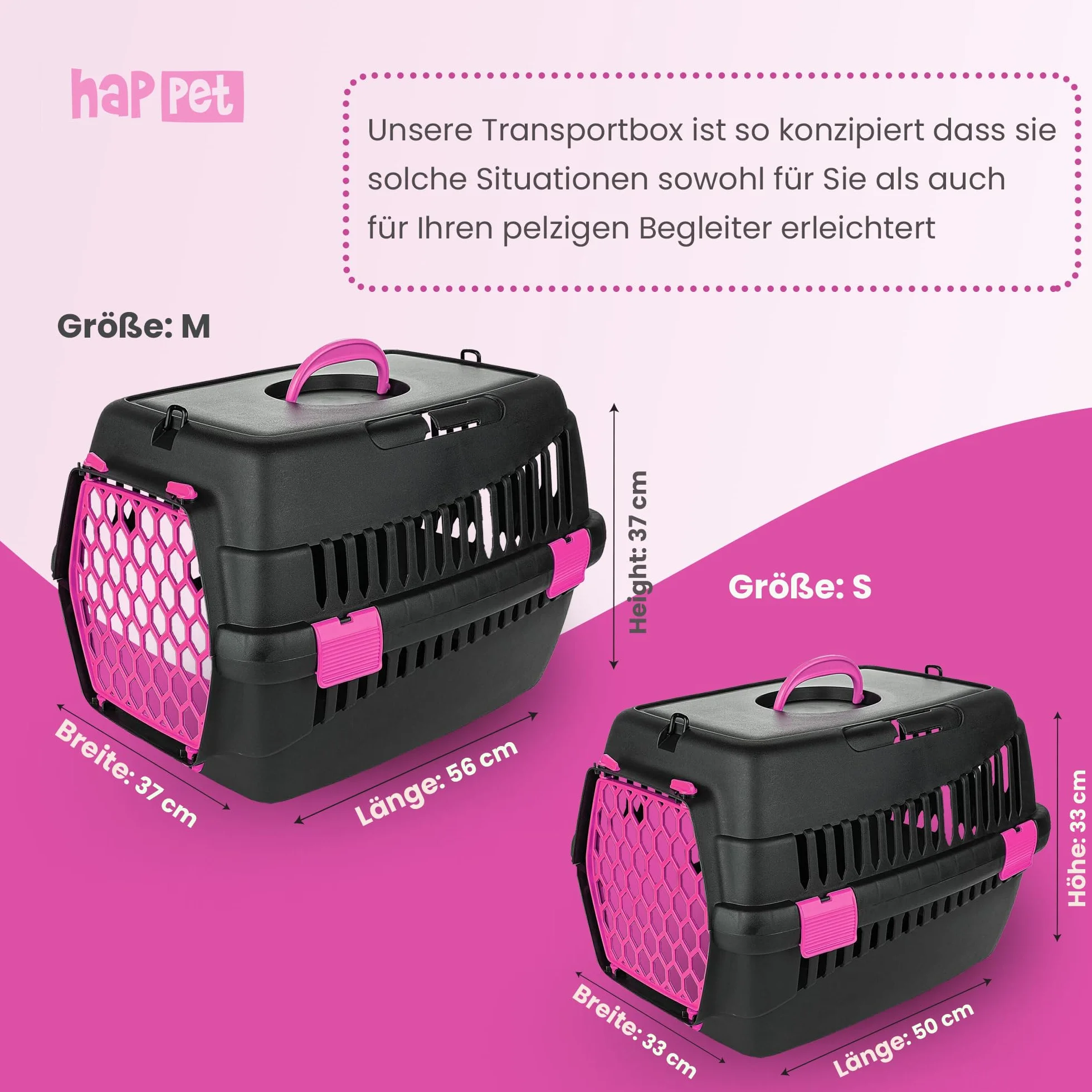 HAPPET Transporter dla zwierząt TEDDY M Fuchsia – klatka podróżna dla kotów i małych psów, wentylowana klatka ze zdejmowanymi drzwiami, klipsami i uchwytem