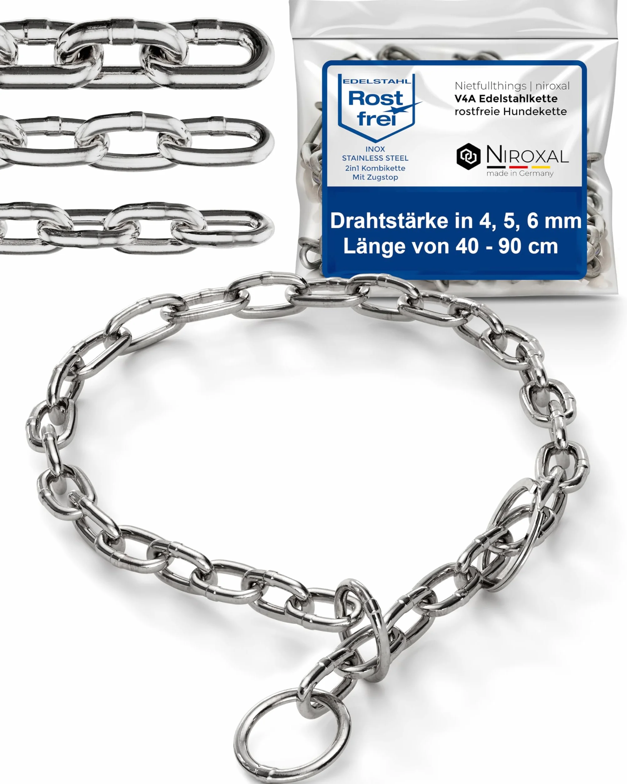 Obroża łańcuchowa treningowa dla psów z ogranicznikiem pociągu ze stali nierdzewnej z krótkim ogniwem 4 mm – rozmiar szyi 49-54 cm – długość całkowita 60 cm – łańcuch z ogranicznikiem poślizgu