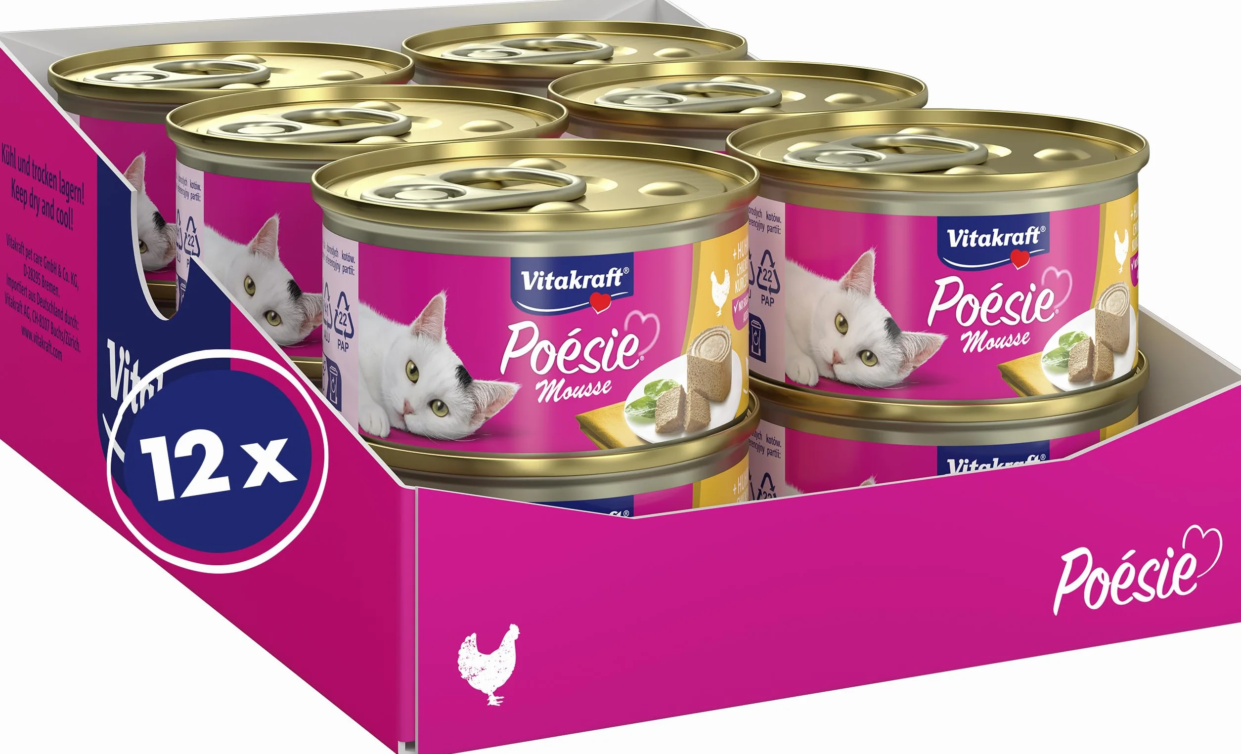 Vitakraft Poésie Mousse, mokra karma dla kotów, przewiewny mus z kurczakiem, w magazynie, bez dodatku cukru (12 x 85 g)