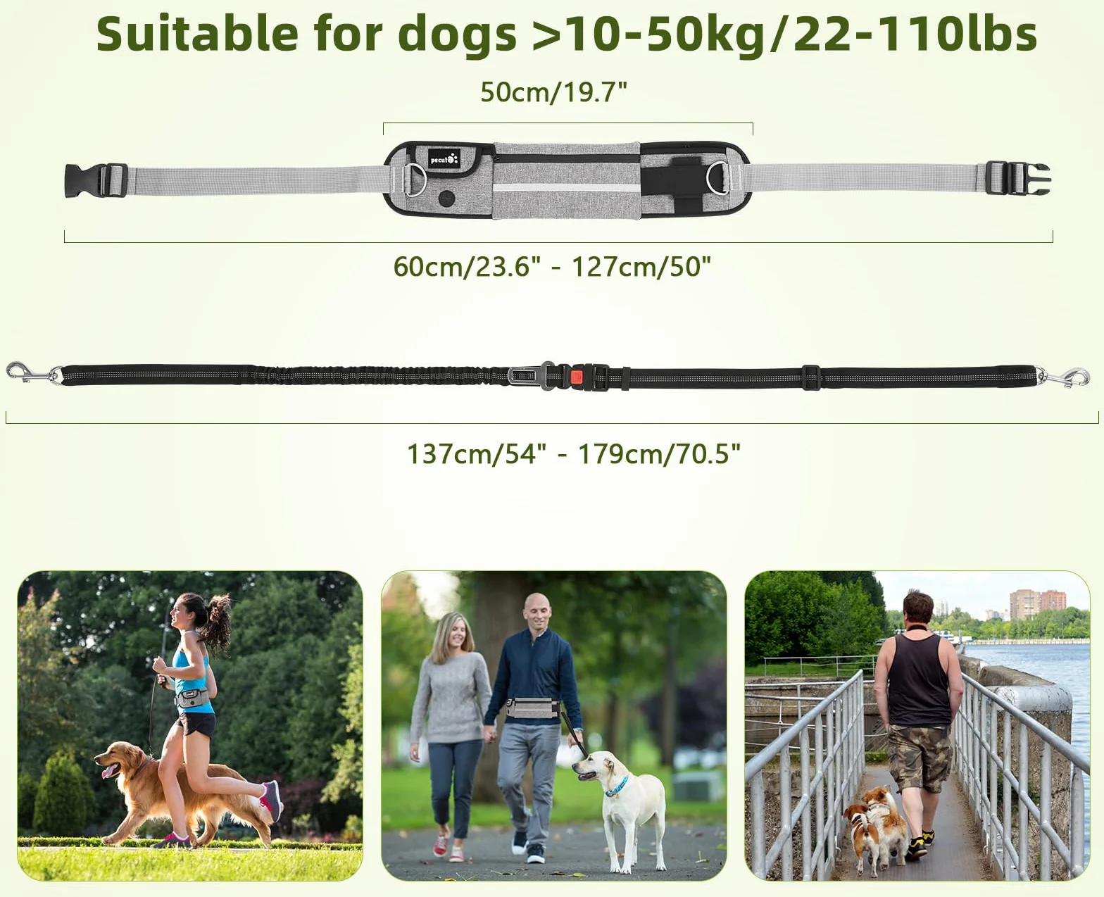 Pecute Smycze do biegania dla psów, regulowany pasek do wyprowadzania, uchwytem na torbę i trwałe 2 uchwyty, odblaskowa smycz bungee, dla