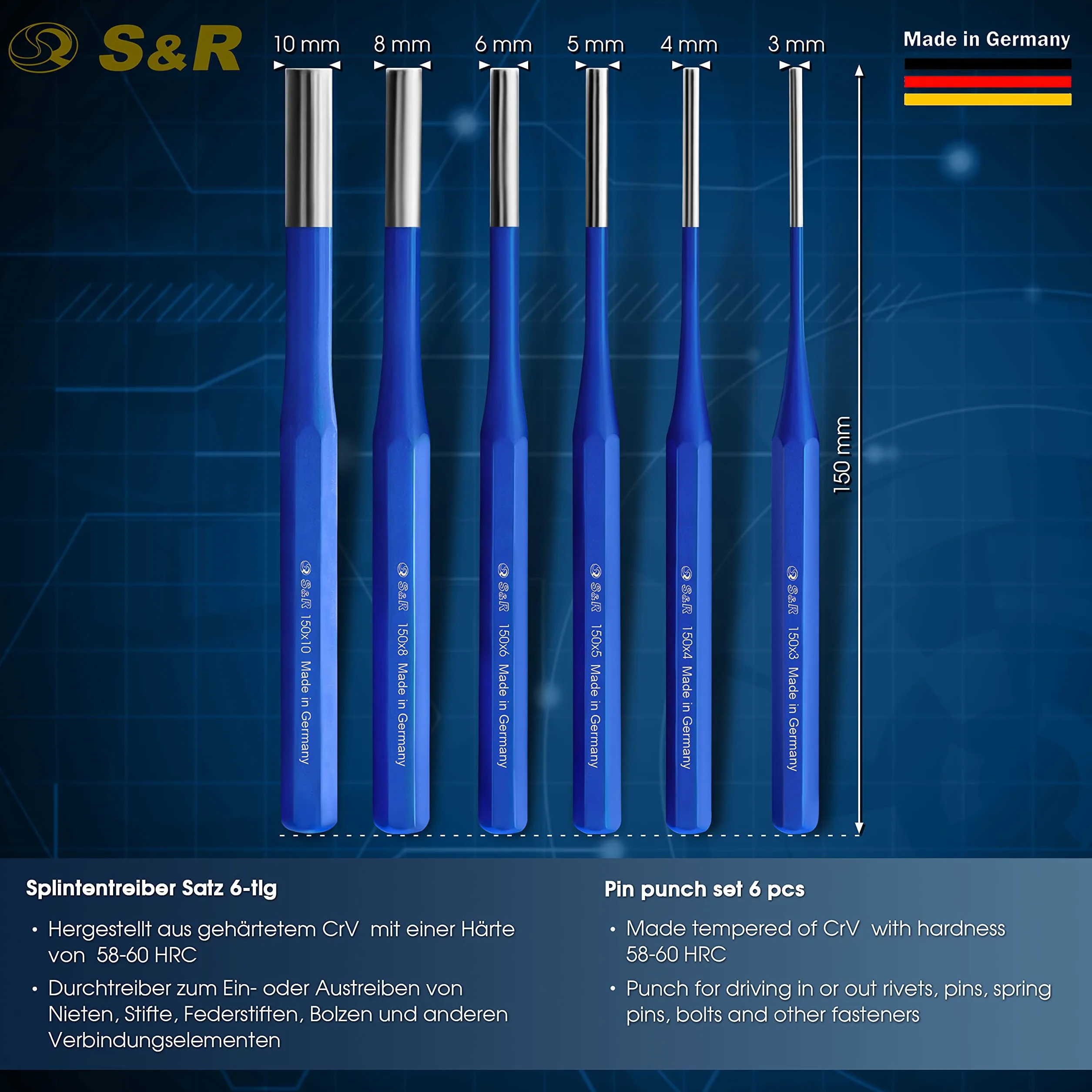 S&R 6-częściowy zestaw sterowników do zawleczek 3, 4, 5, 6, 8 i 10 mm/Made in Germany/ze stali chromowo-wanadowej, hartowany przetwornik zawleczek zestaw średnio długi przetwornik wyrzutnik zestaw
