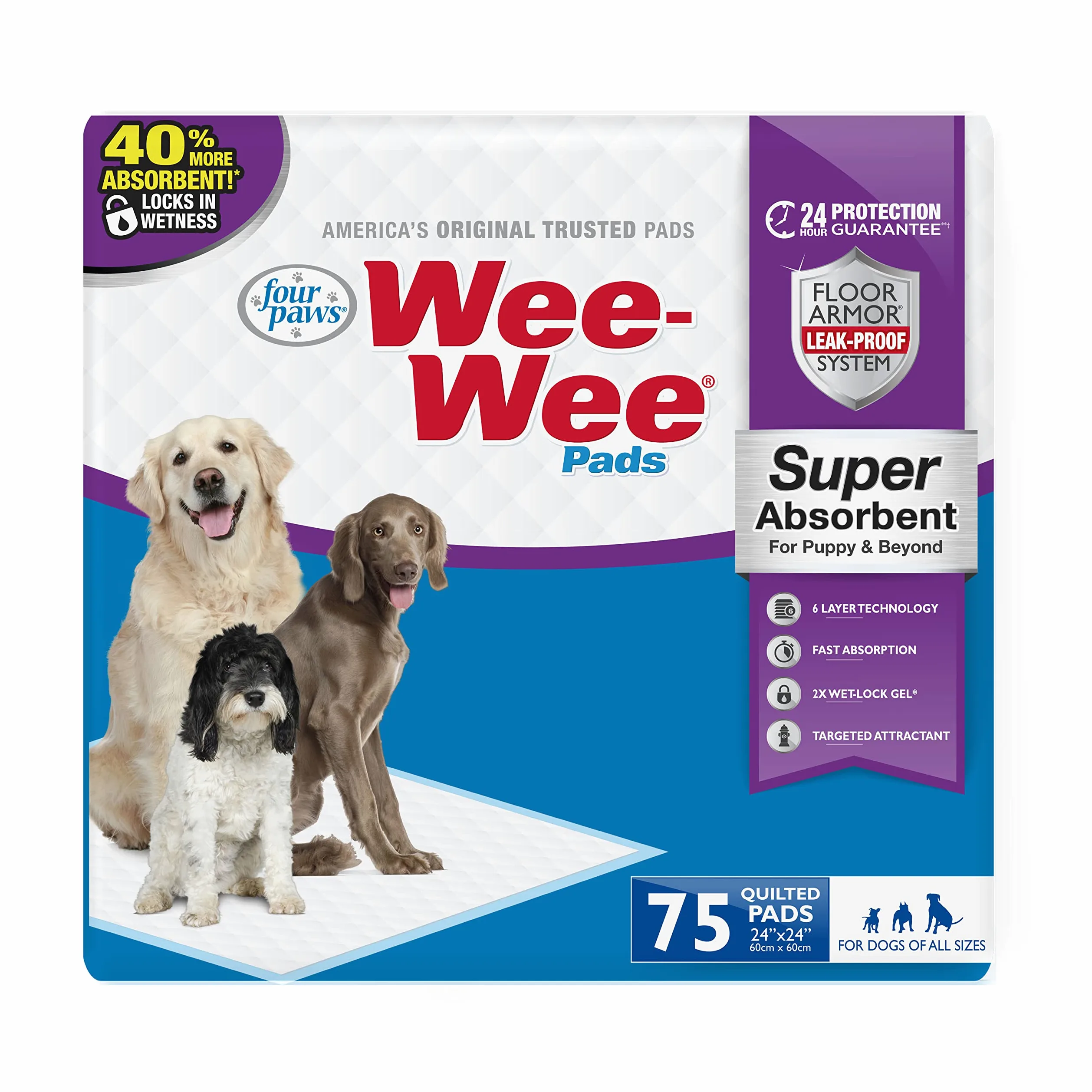 Four Paws Wee-Wee Super chłonne bezzapachowe podkładki do siusiu dla psów i szczeniąt z obramowaniem Insta-Rise, szczelne, ochrona podłogi do nauki korzystania z nocnika, 61 x 61 cm, 75 szt