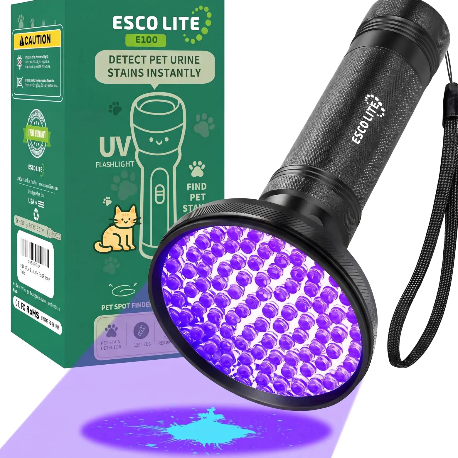 ESCO LITE Latarka UV, czarne światło, 100 diod LED, 395 nM, ultrafioletowe, detektor czarnego światła UV, do moczu psa, plam zwierząt domowych i pluskiew, dopasowana do eliminatora zapachów zwierząt