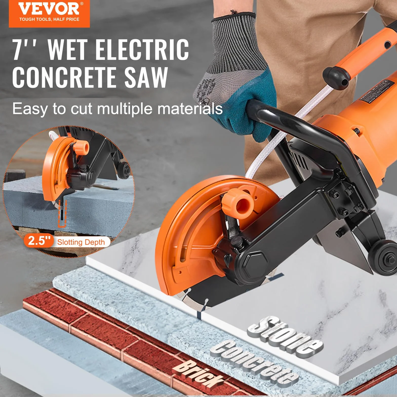 VEVOR Elektryczna piła do betonu 180 mm 2000 W, głębokość cięcia 63 mm, piła tarczowa na mokro/sucho