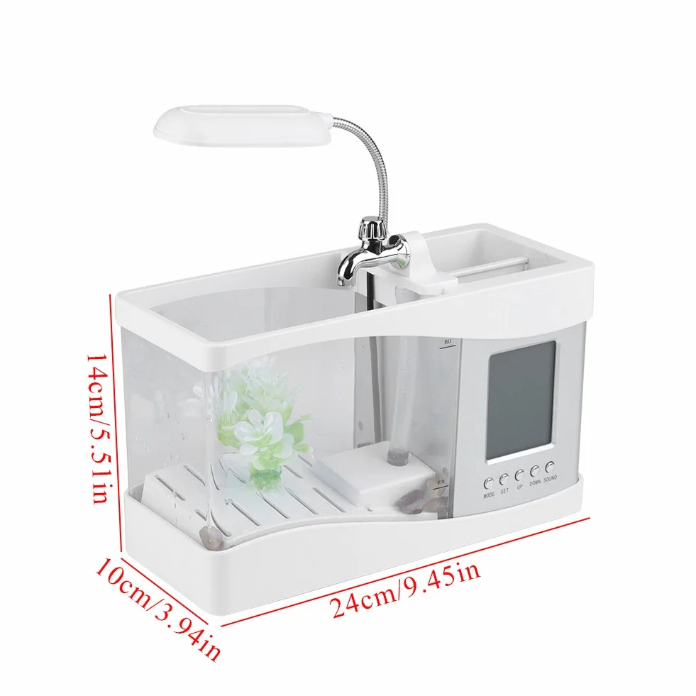 Mini akwarium, plastikowe bezpieczne akwarium, wielofunkcyjne z funkcją zegara, światło LED do sypialni do dekoracji (białe)