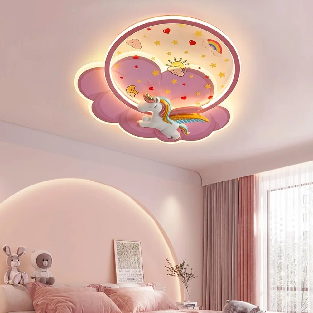 XIN'S Nowoczesna Lampa Sufitowa LED W Kształcie Jednorożca Różowe Chmury Bezstopniowo Ściemnialna Z Pilotem Nadaje Się Do Sypialni Pokój Dziecięcy Pokój Dzienny Korytarz Pokój Dziewcząt Przedszkole
