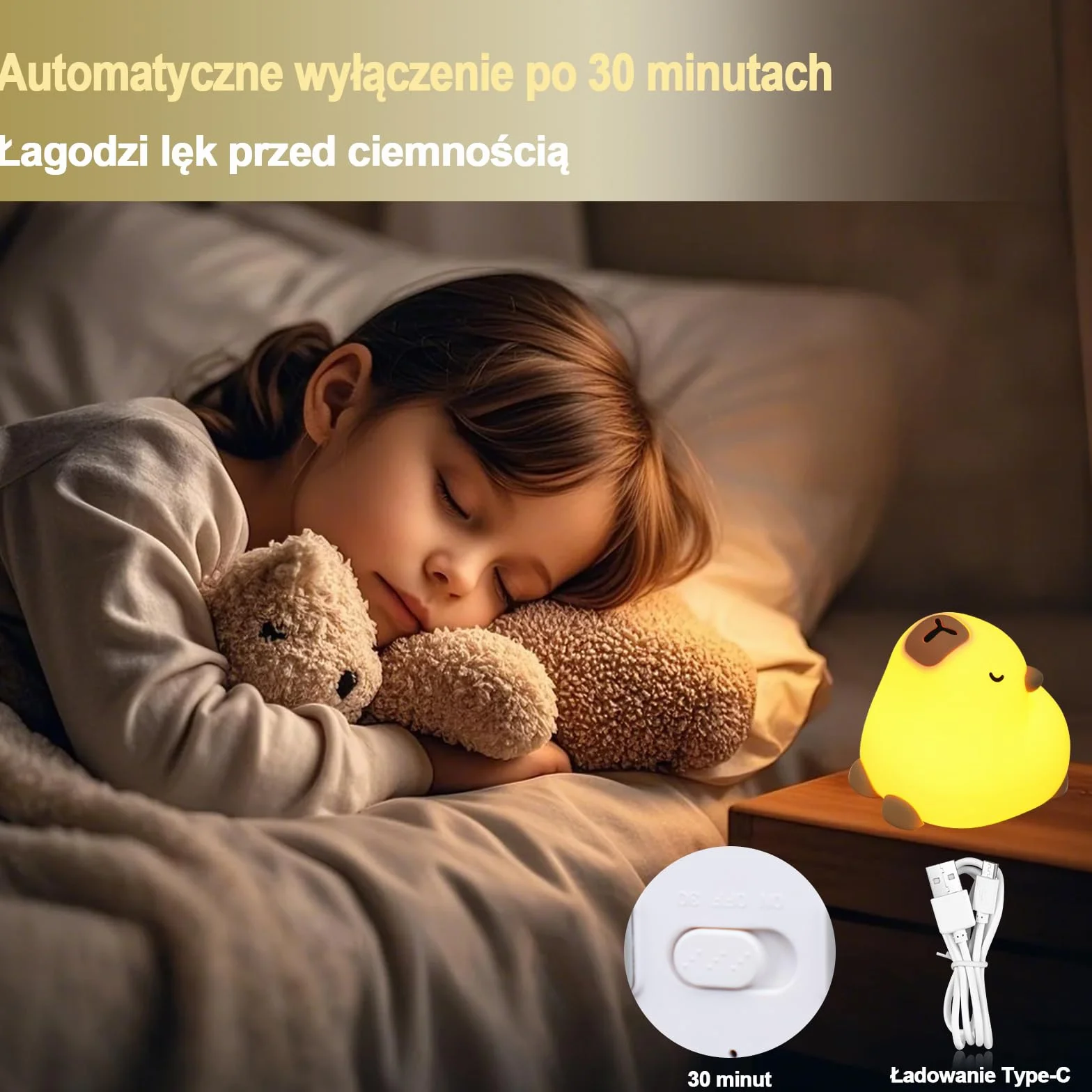 Lampka Nocna Capybara Silikonowa, Ładowana USB, 3 Poziomy Jasności, z Timerem i Sterowaniem Dotykowym, Idealna do Pokoju, Karmienia i Kempingu, Prezent dla Dzieci