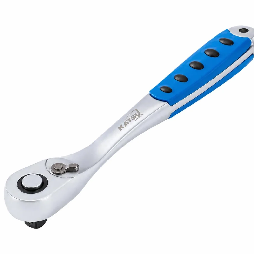 KATSU Tools 1/2-calowy kwadratowy napęd 90 zębów szybkie zwalnianie odwracalny klucz nasadowy z grzechotką, miękki uchwyt, stal CR-V, długość 260 mm 423909