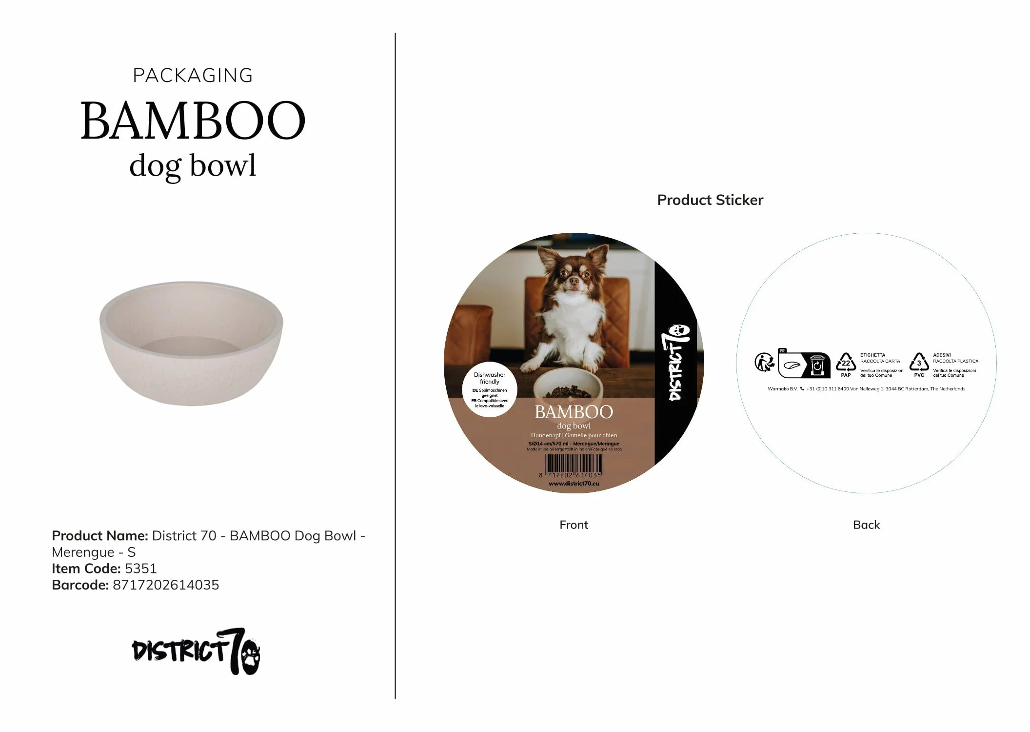 Bambusowa miska dla psa Merengue S 14 x 14 x 5,2 cm 570 ml