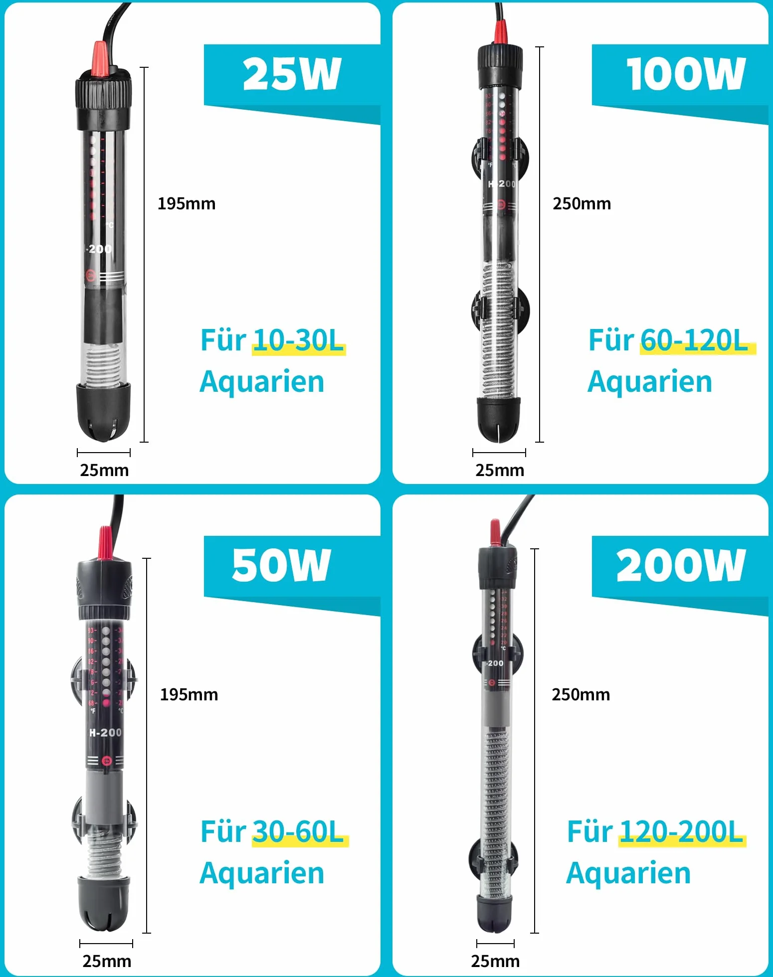 Grzejnik do akwarium, 100 W, do akwariów 60-120 l, grzałka z przyciskiem regulacji temperatury 20-34°C, pogrubione szkło kwarcowe + przyssawki