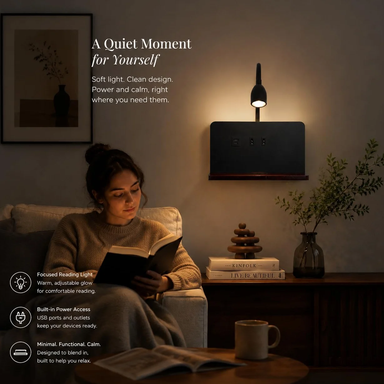 lampa ścienna LED do wnętrz z wtyczką, lampa ścienna do sypialni z portami USB i bezprzewodową ładowarką, regulowana i elastyczna lampa do czytania z gęsią szyją, lampka nocna 3000 K z podświetleniem