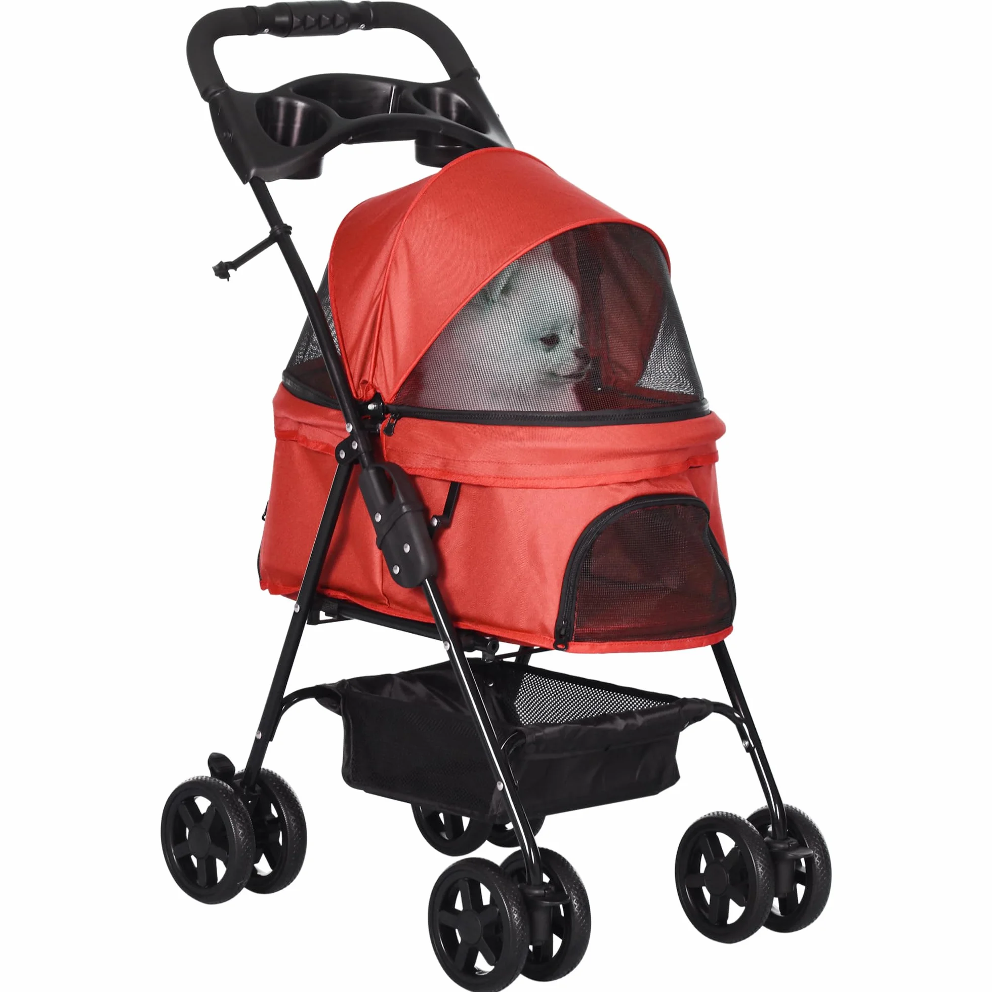 PawHut Składany wózek buggy dla psa i kota, kosz do przechowywania, uchwyt na kubki, tkanina 300D Oxford, wodoodporny, 4 koła, czerwony
