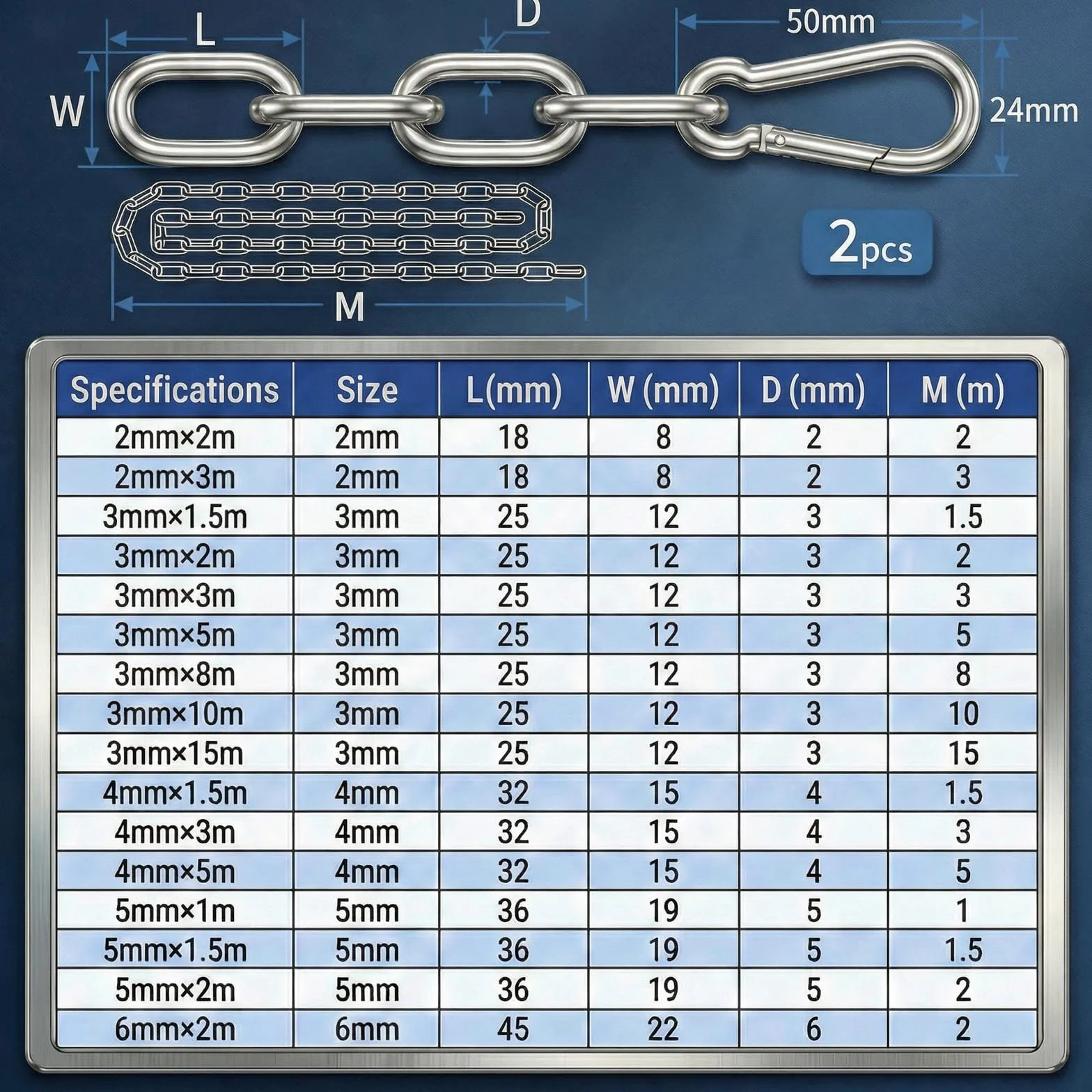 Łańcuch o dużej wytrzymałości, 3 m ocynkowany, metalowy łańcuch ogniwowy o grubości 2 mm, wiszące stalowe łańcuchy z karabińczykiem, do kłódek do bramy, roweru, do podnoszenia na zewnątrz