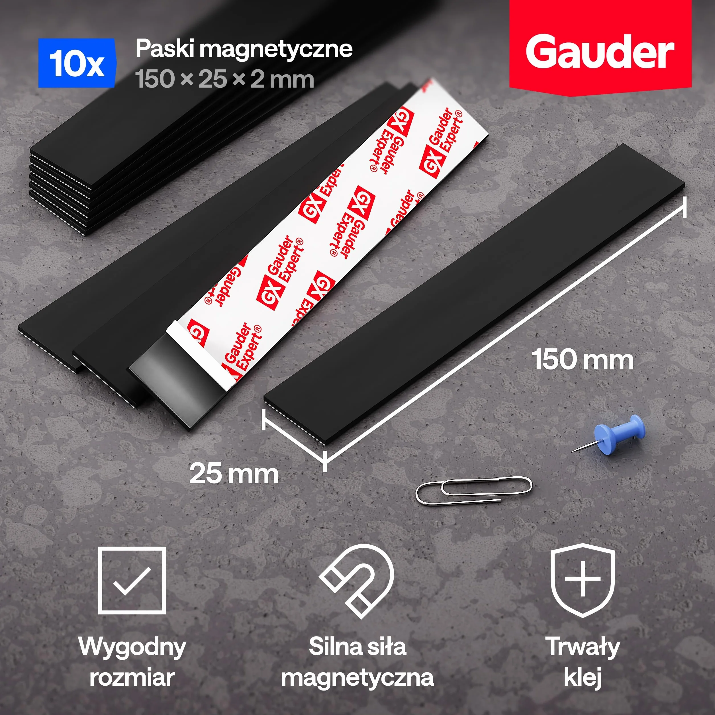 GAUDER Magnetyczne paski z warstwą klejącą - Mocne paski magnetyczne do przedmiotów metalowych - Przycięte magnesy z samoprzylepnym tyłem (10 sztuk - 15 cm x 2 mm x 2 mm)