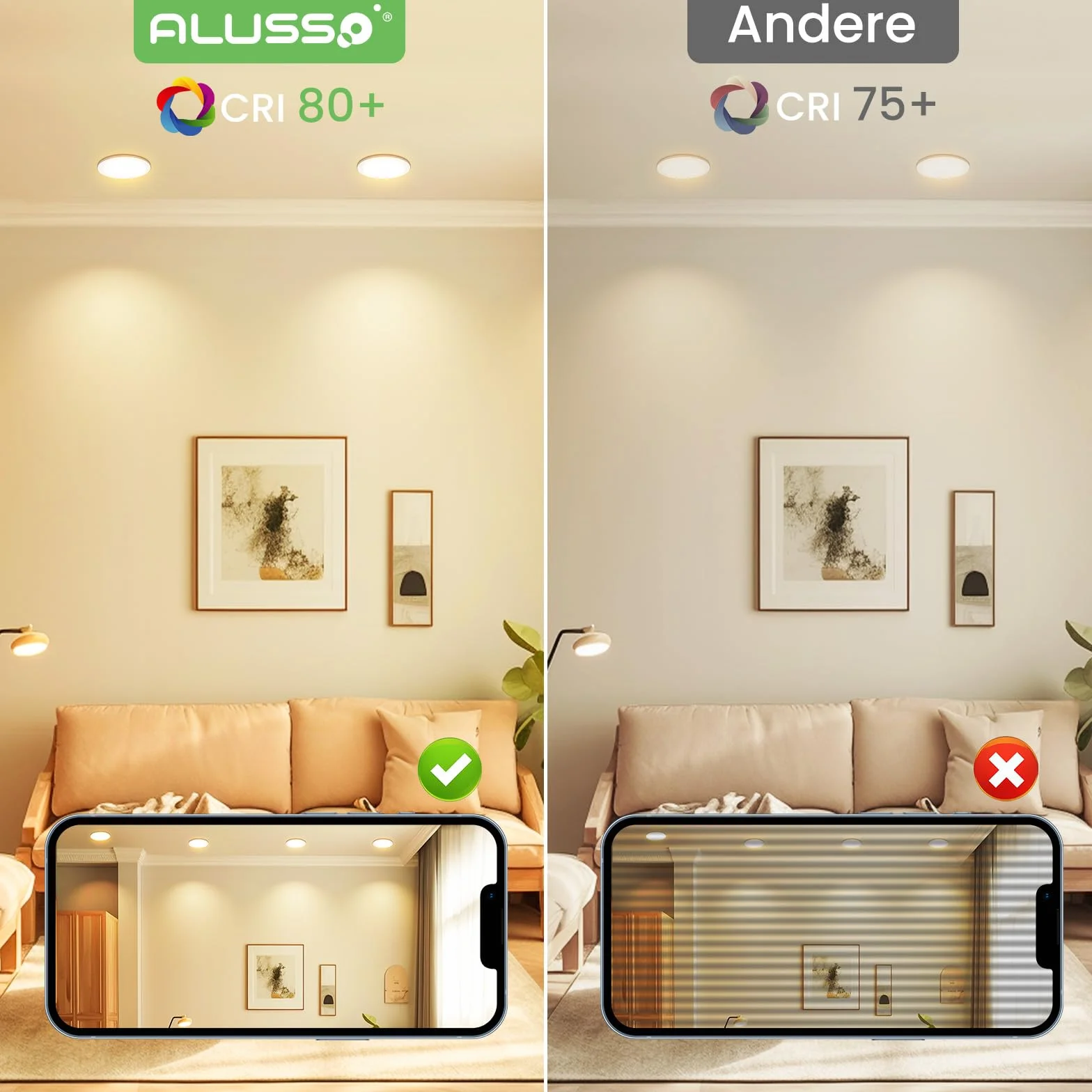 ALUSSO 6 sztuk bardzo płaskich, wpuszczanych reflektorów LED, 10 W, 230 V, 700 lm, ciepła biel, 3000 K, głębokość montażu 30 mm, IP44, do łazienki, salonu, kuchni