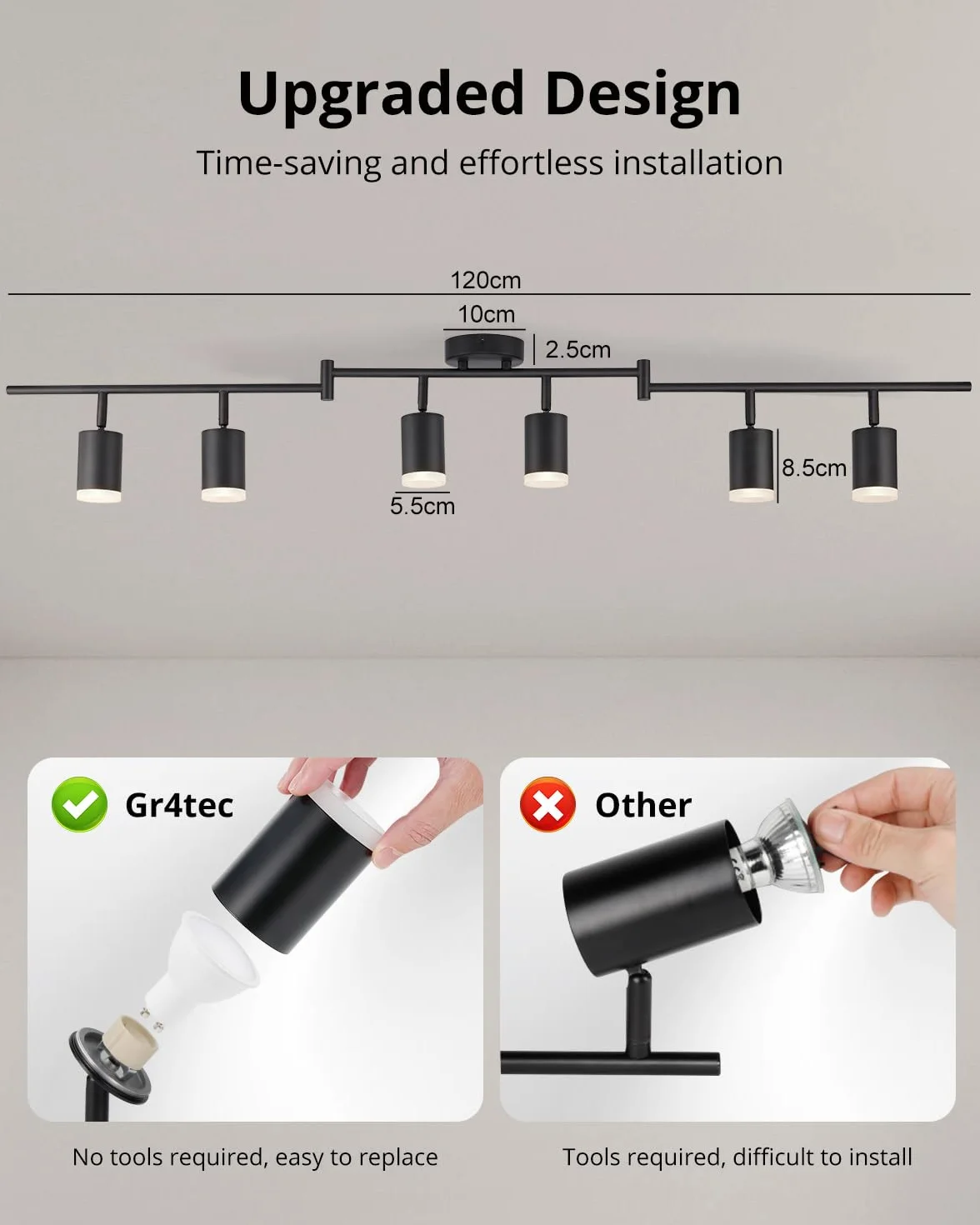 Gr4tec Reflektor sufitowy LED 6 płomieni, nowoczesny reflektor sufitowy LED czarny, lampa sufitowa obrotowa, metalowy reflektor sufitowy GU10 do przedpokoju kuchni sypialni salonu (bez żarówki)