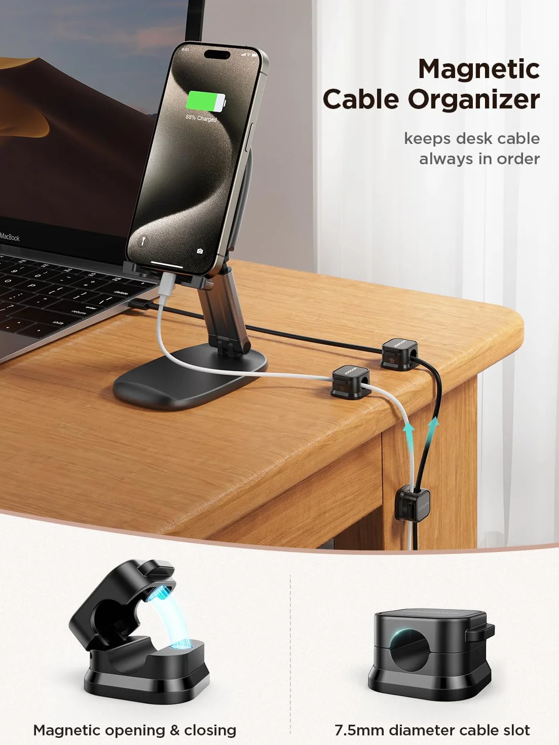 JOYROOM 6 Sztuk Klipsów Do Porządkowania Kabli Regulowany Organizer Do Przewodów Magnetyczny Uchwyt Samoprzylepny Do Biurka, Szafki Nocnej, Kabli Ładujących, HDMI, USB, Kabli Audio, Biura, Domu, Czarn