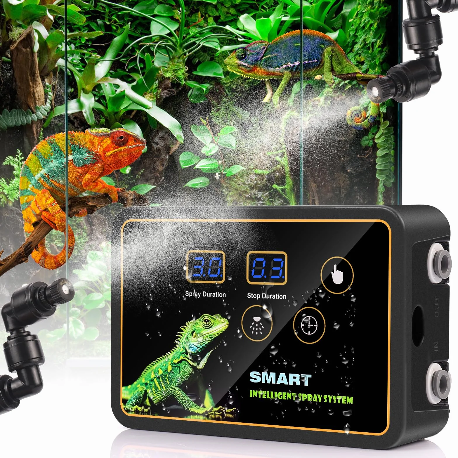 inteligentny system zraszania terrarium, nawilżacz powietrza z timerem i dyszami natryskowymi, regulacja 360°, nawilżacz powietrza, nebulizator do terrarium dla płazów, gadów, roślin