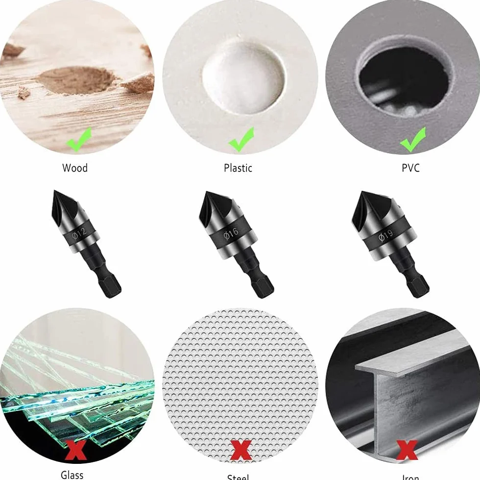 6 sztuk frez do fazowania 90 stopni, 5 fletów frez do fazowania, wiertło do fazowania ze stali węglowej, narzędzia do fazowania, do wiercenia i fazowania (12 mm, 16 mm, 19 mm)