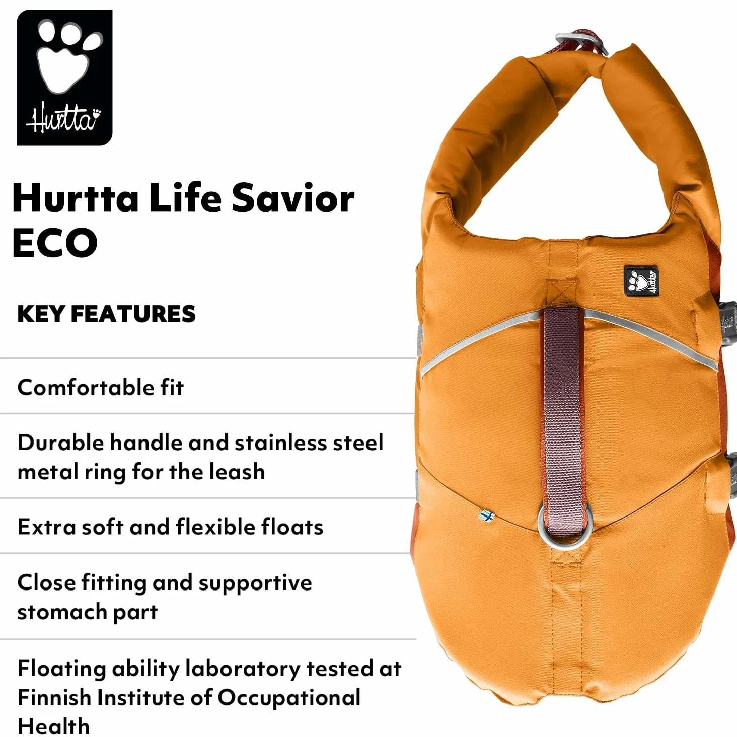 Hurtta Life Savior ECO kamizelka ratunkowa dla psów, maksymalne bezpieczeństwo w wodzie i na wodzie podczas pływania, SUP, kajaku i wycieczek łodzią (Honey, 5-10 kg)