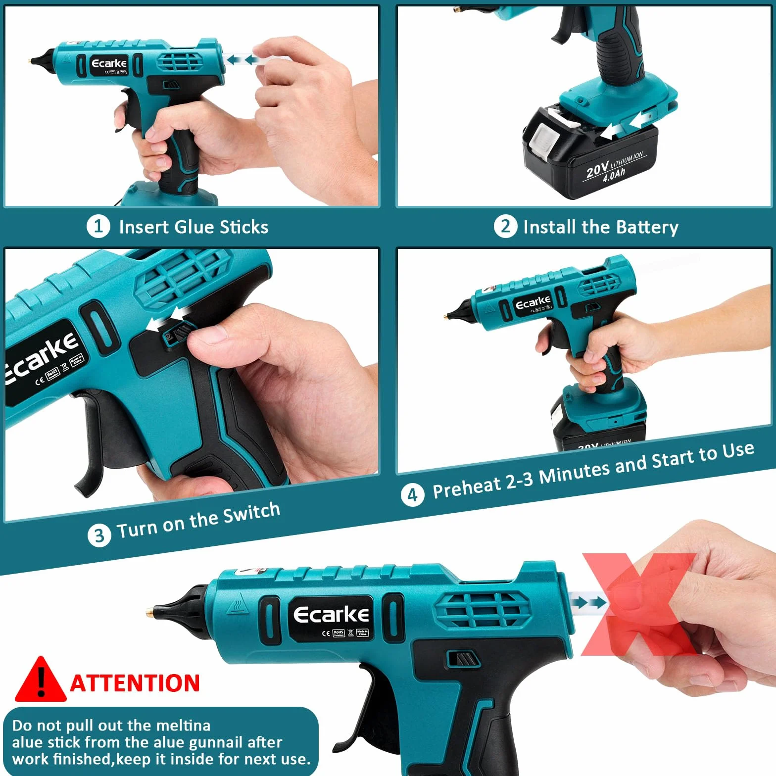 Ecarke Bezprzewodowy pistolet do kleju Ma Kita 18 V bateria litowa bezprzewodowy pistolet do klejenia Hot Sol idealny do naprawy rzemiosła DIY (z 20 szt. patyczków klejowych 11 mm)