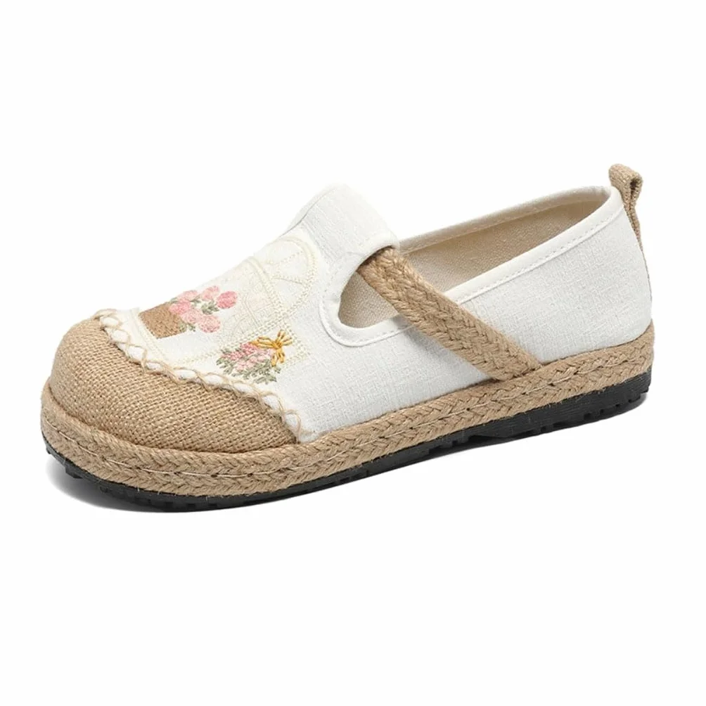 Espadryle dla kobiet, lniane buty damskie na lato z podeszwą z juty, ręcznie haftowane wygodne wsuwane buty na co dzień