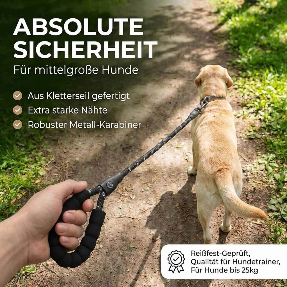 HUND IST KÖNIG Smycz dla psa, na spacery i treningu, z miękkim uchwytem i elementami odblaskowymi, idealna smycz do noszenia na co dzień dla psów o wadze 10-25 kg (True Black, 3,0 x 1,2 cm)