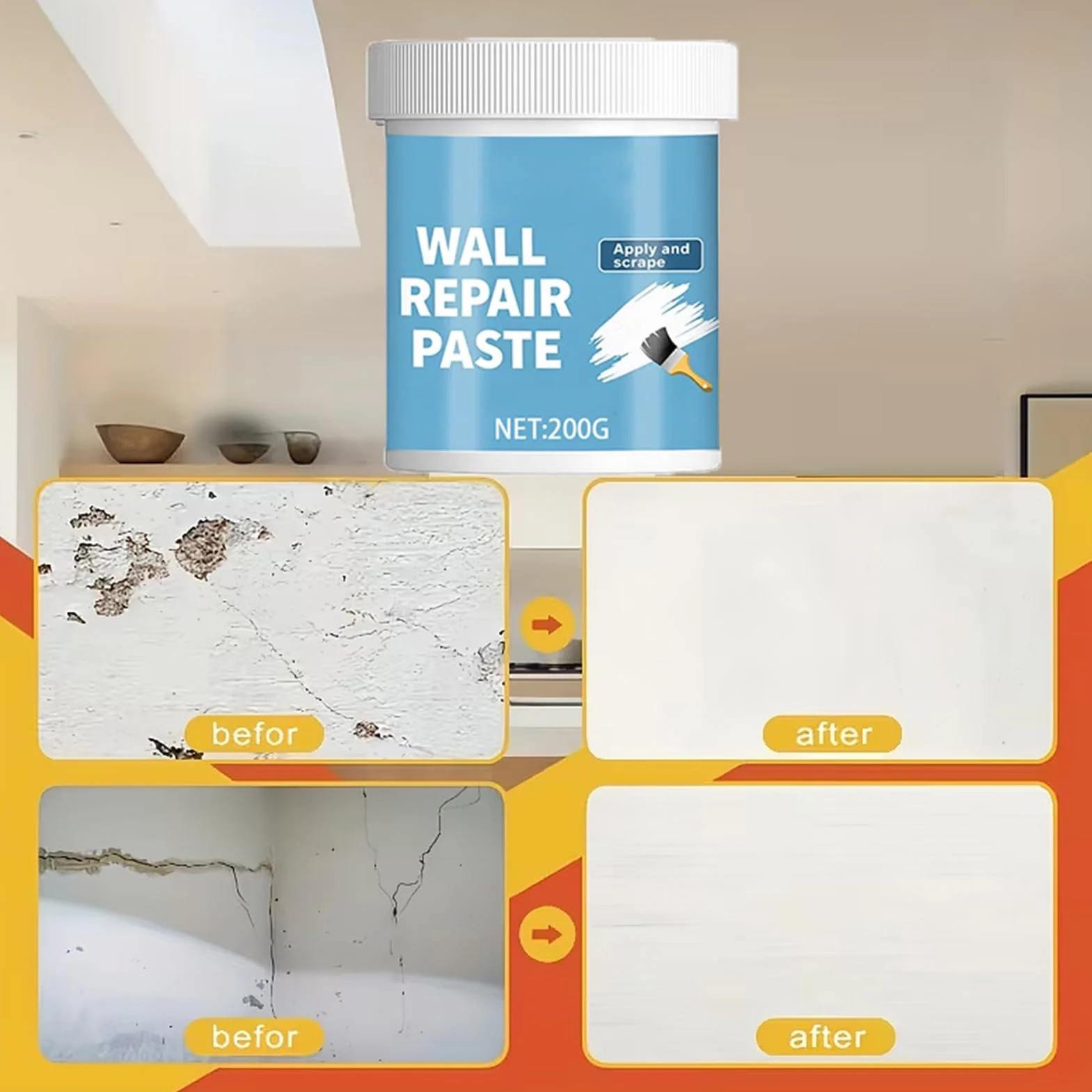 Wall Repair Paste - Waterproof Hydrophobic Drywall Putty for Cracks Nail Holes Dents | Fast Dry Formula, Easy Application Spackling Paste for Home Renovation Kitchen Living Room Walls