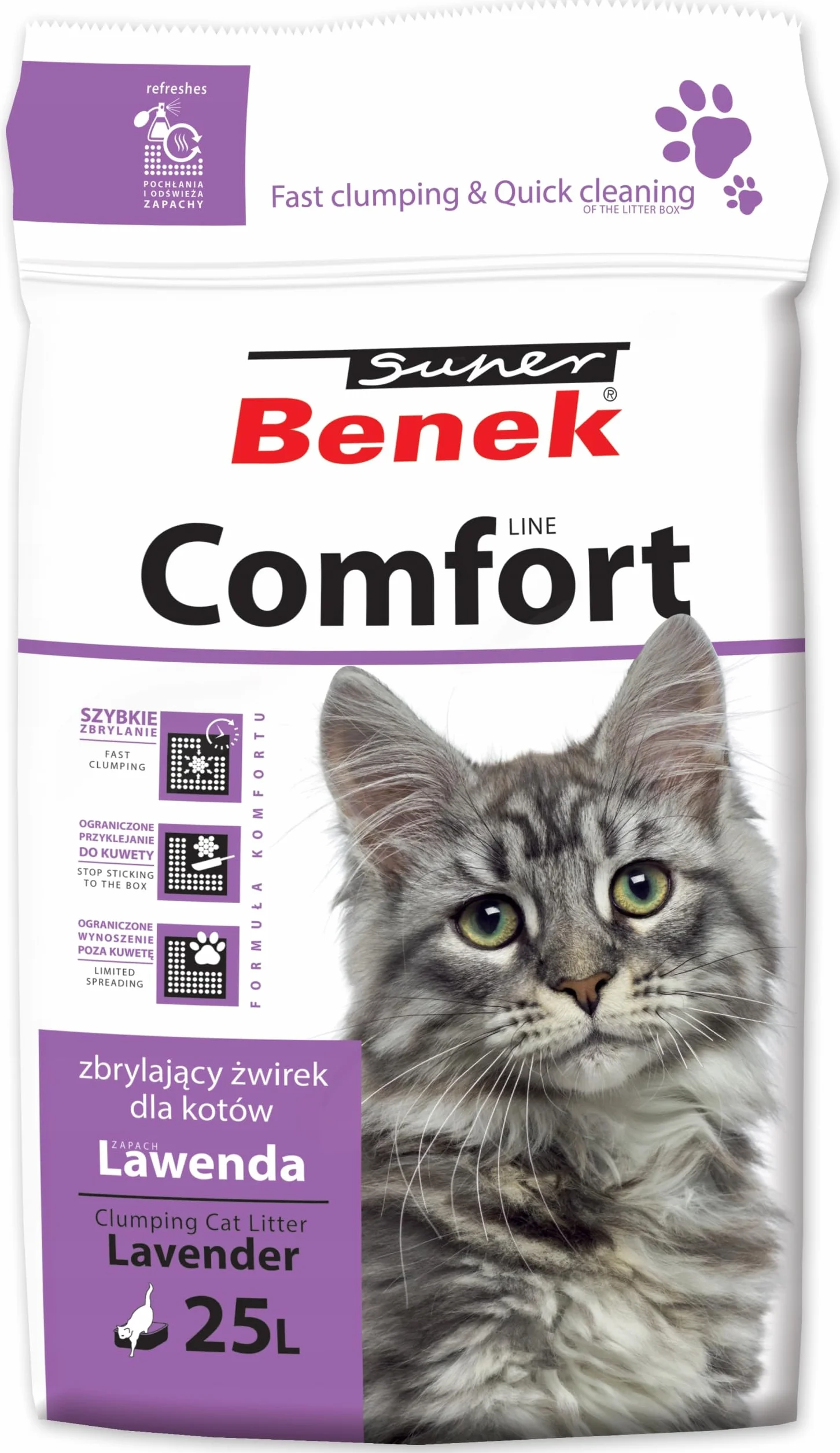 Super Benek Comfort Żwirek Bentonitowy Dla Kota 25L - Zbrylający Żwirek Do Kuwety | O Zapachu Lawendy
