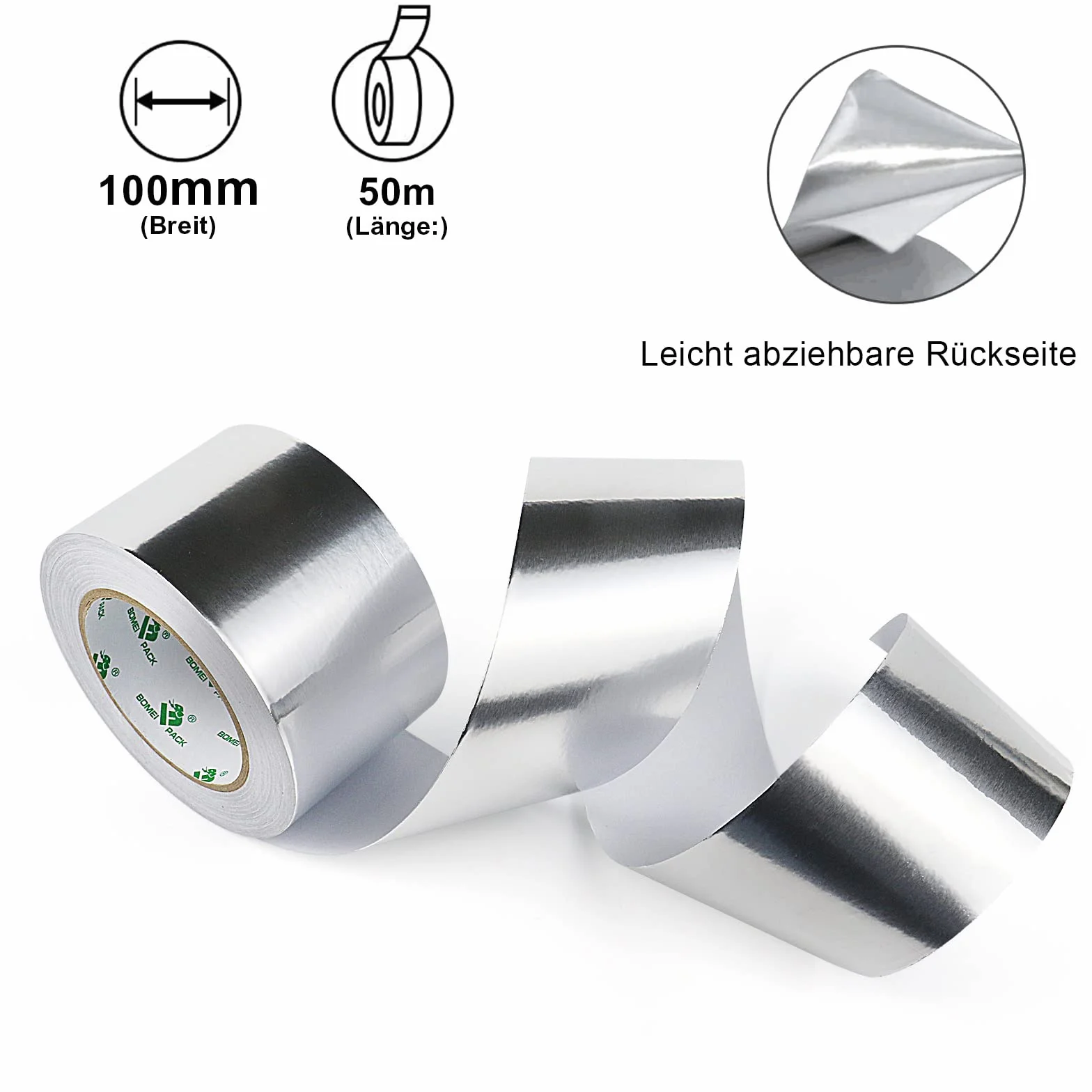 BOMEI PACK Aluminiowa taśma klejąca 100 mm x 50 m, samoprzylepna taśma aluminiowa, wodoodporna i odporna na wysokie temperatury taśma do uszczelniania, naprawy i izolacji