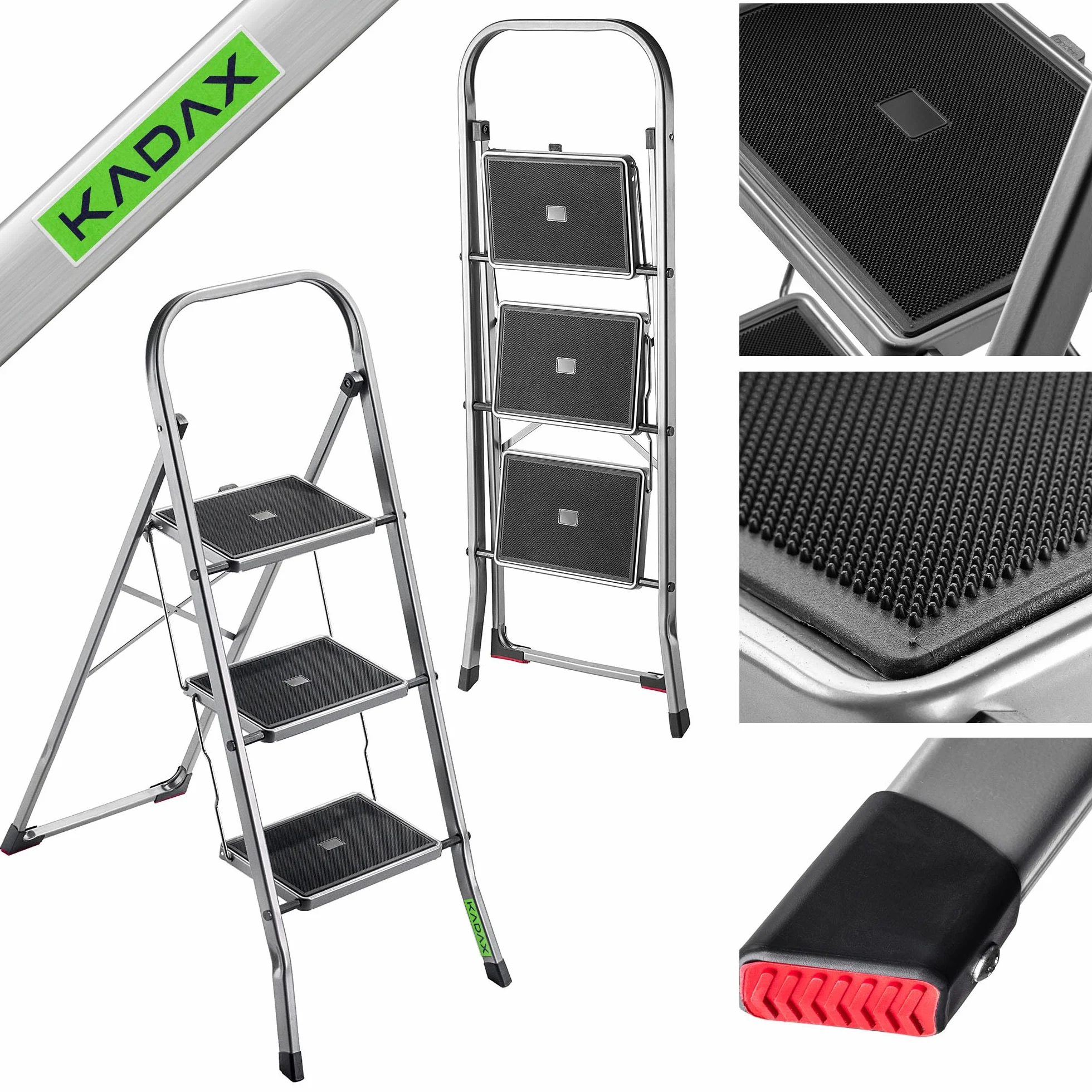 KADAX Drabina aluminiowa 3-stopniowa 105 x 76 cm nośność 150 kg składana antypoślizgowa