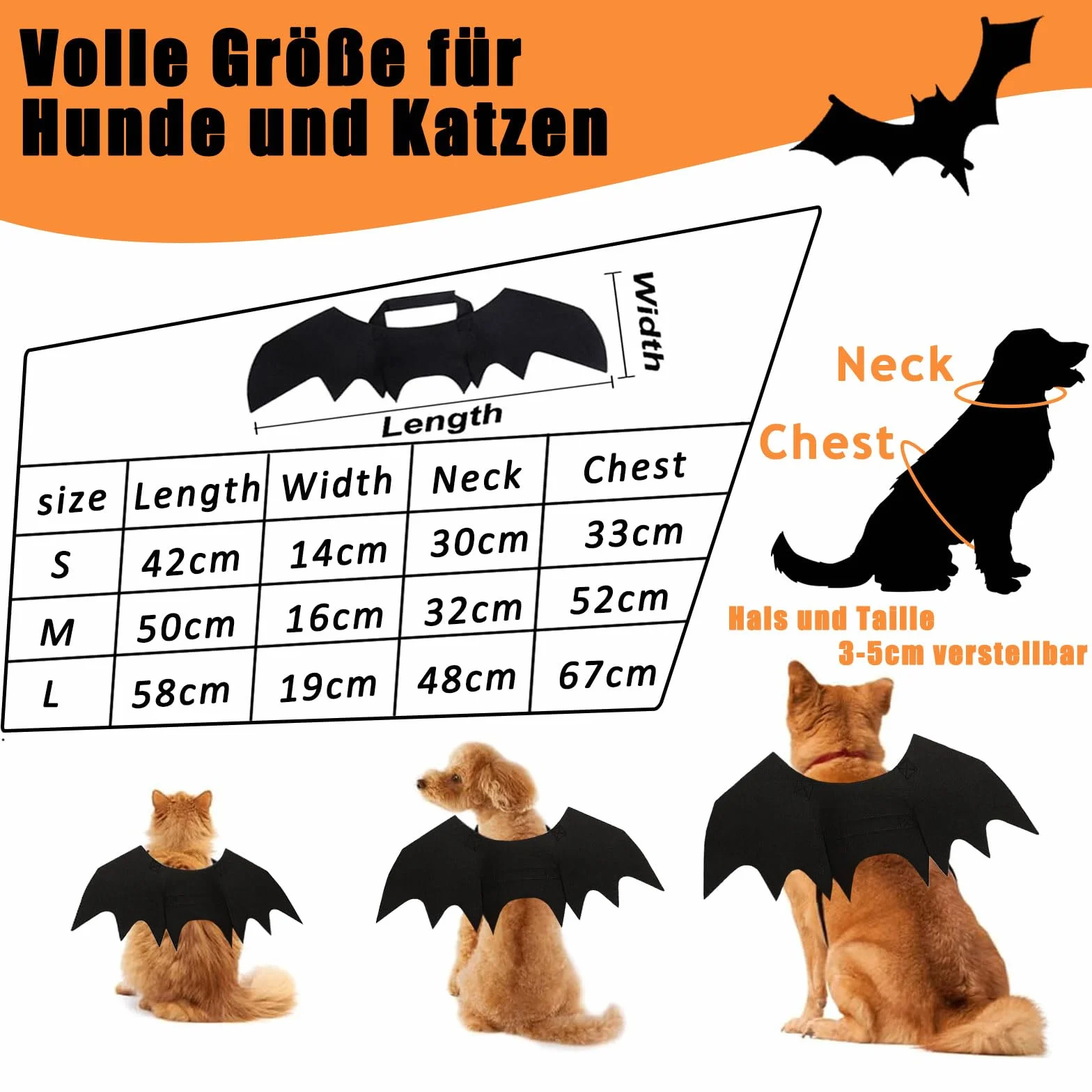 Kostium na Halloween, dla psa, nietoperza, skrzydła psa, na Halloween, w zestawie skrzydła nietoperza, pies i dzwonki dyniowe, dla zwierząt domowych, na imprezę halloweenową, Cosplay (L)