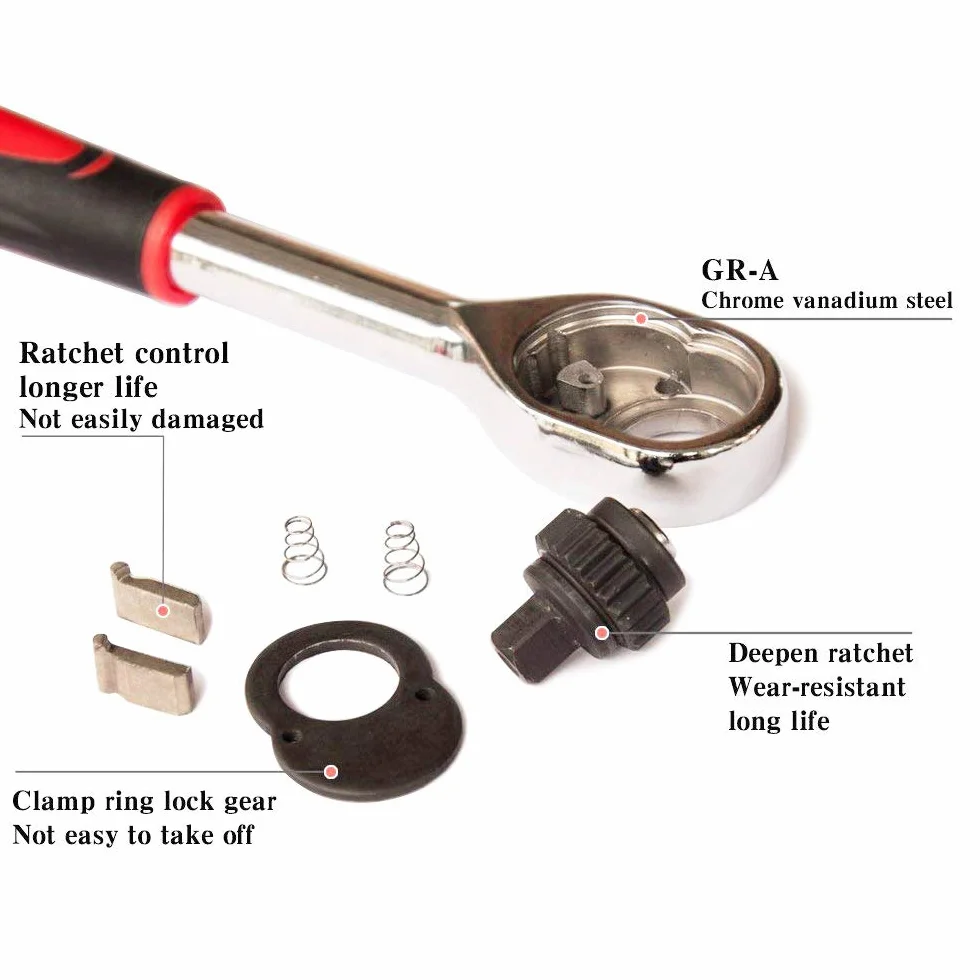 EGOFINE 12 x klucz grzechotkowy 1/4", 10 nasadek 4-13 mm, 2-drożny uchwyt z grzechotką i drążkiem przedłużającym