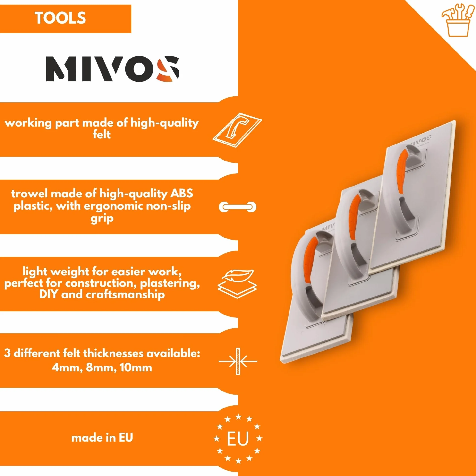 Mivos Paca z tworzywa sztucznego z filcową podkładką 4 mm - 280 x 140 - Rajberka filcowa do tynków - Dwukomponentowy uchwyt - Zacieraczka z filcową nakładką 4 mm dla tynkarzy i murarzy
