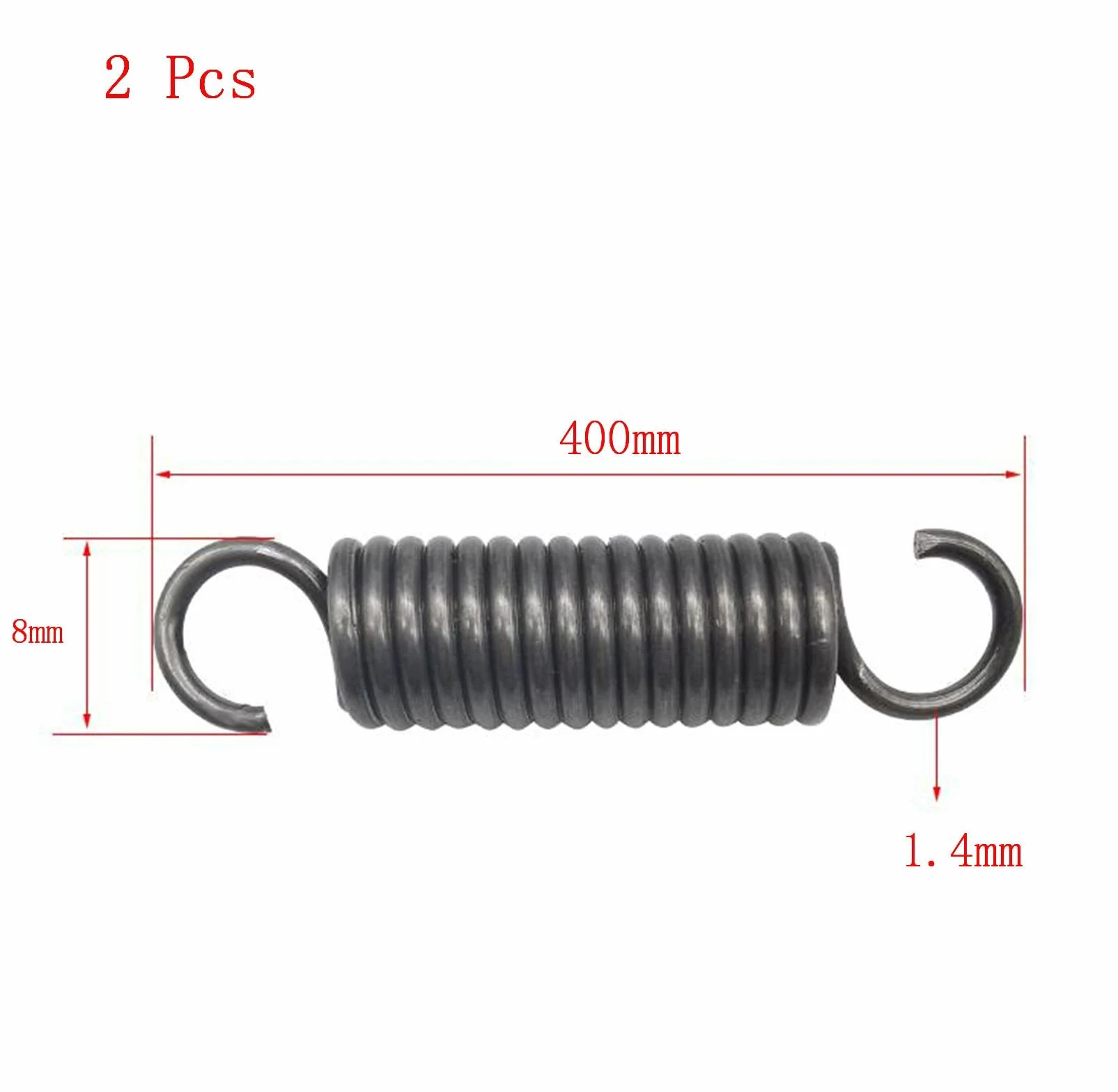 2 sztuki podwójnych haków sprężyn napinających, stal sprężynowa 1,4 x 8 x 400 mm, średnica drutu 1,4 mm, OD 8 mm, długość swobodna 400 mm