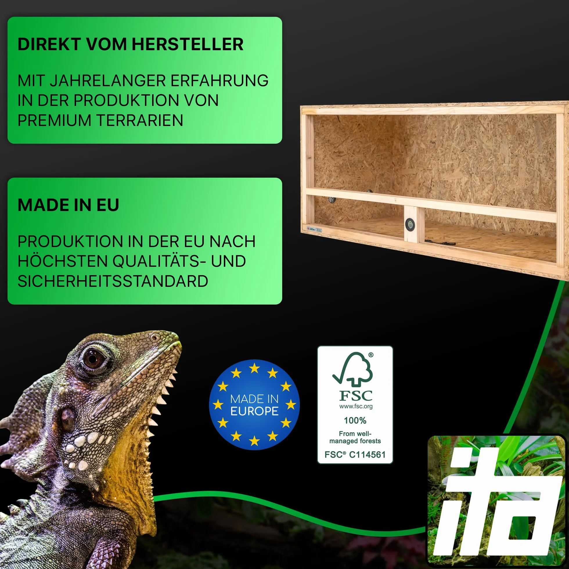 ITA Drewniane terrarium 120 x 50 x 50 cm ze zintegrowaną wentylacją i higrometrem, drewniane terrarium OSB-3, dla gadów, węży, płazów - produkt UE, certyfikat FSC