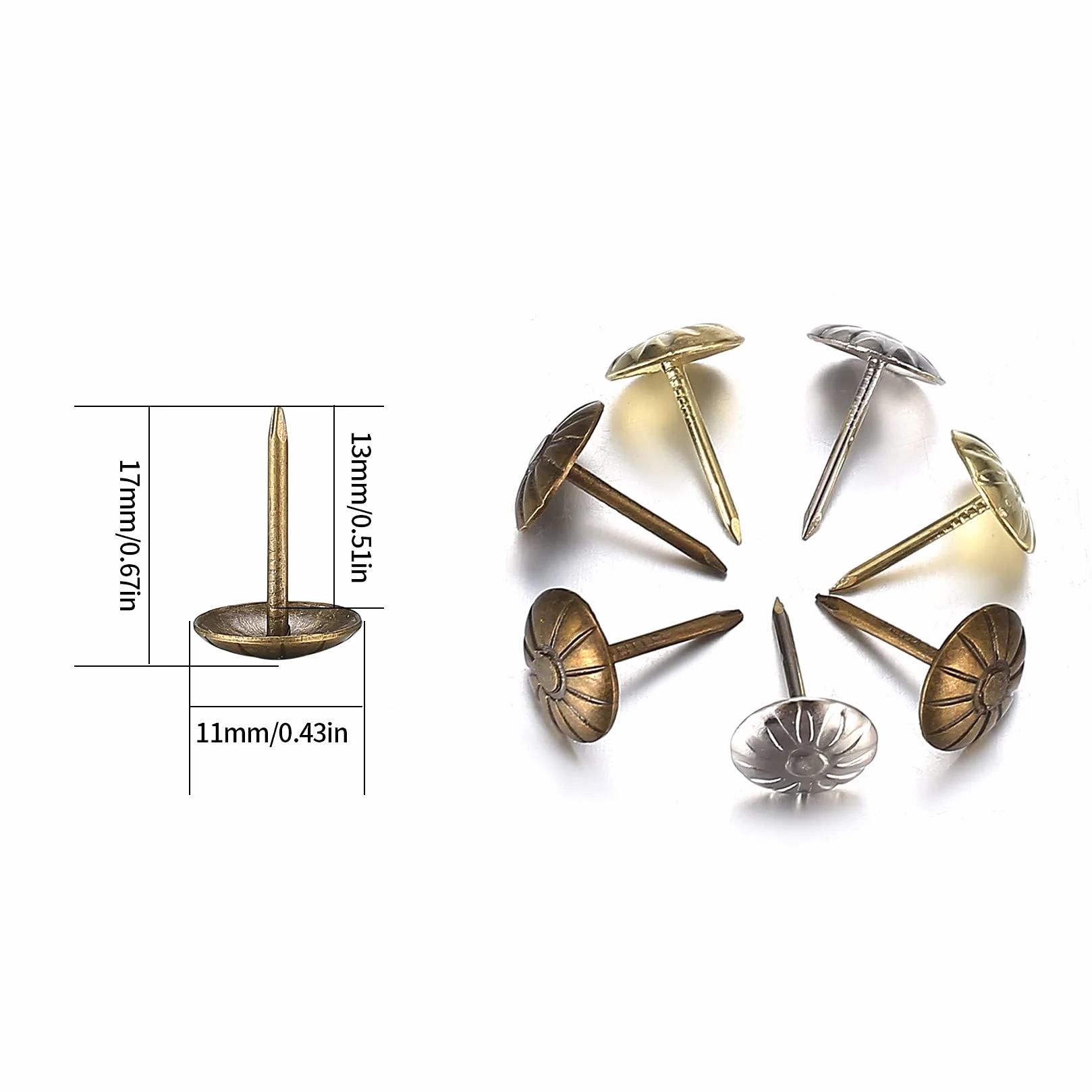 450 sztuk gwoździ tapicerskich, dekoracyjnych pinezek do mebli, ozdobnych pinezek do sofy, krzesła, fotela, łóżka, antyczne – 11 x 17 mm/brąz, złote, srebrne