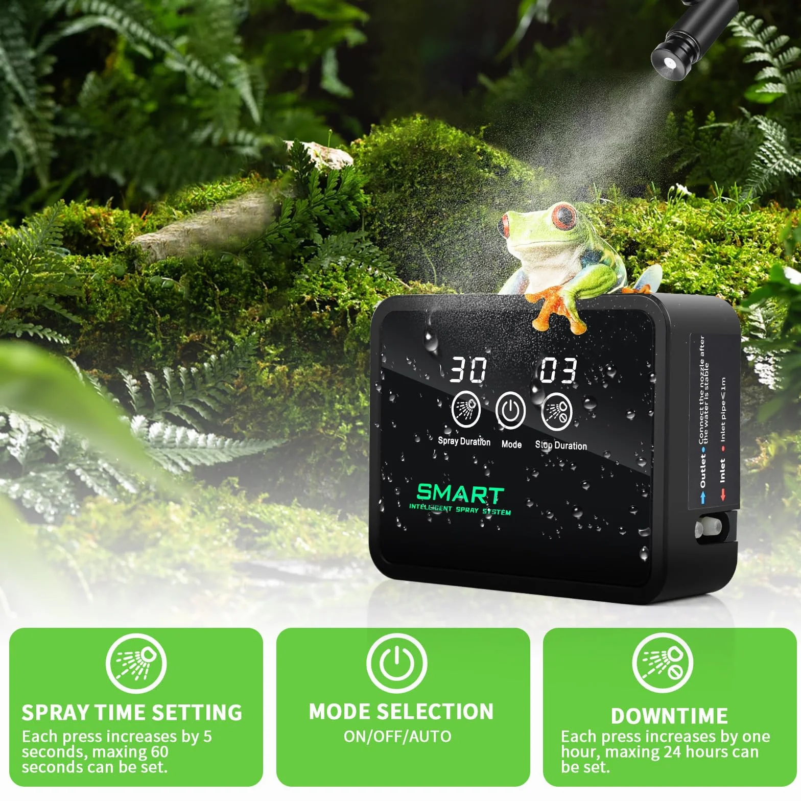 Inteligentny system nawadniania terrarium, Glovios nawilżacz terrarium z timerem i dyszami natryskowymi z regulacją 360 °, nawilżacz terrarium, nebulizator terrarium dla płazów gadów roślin