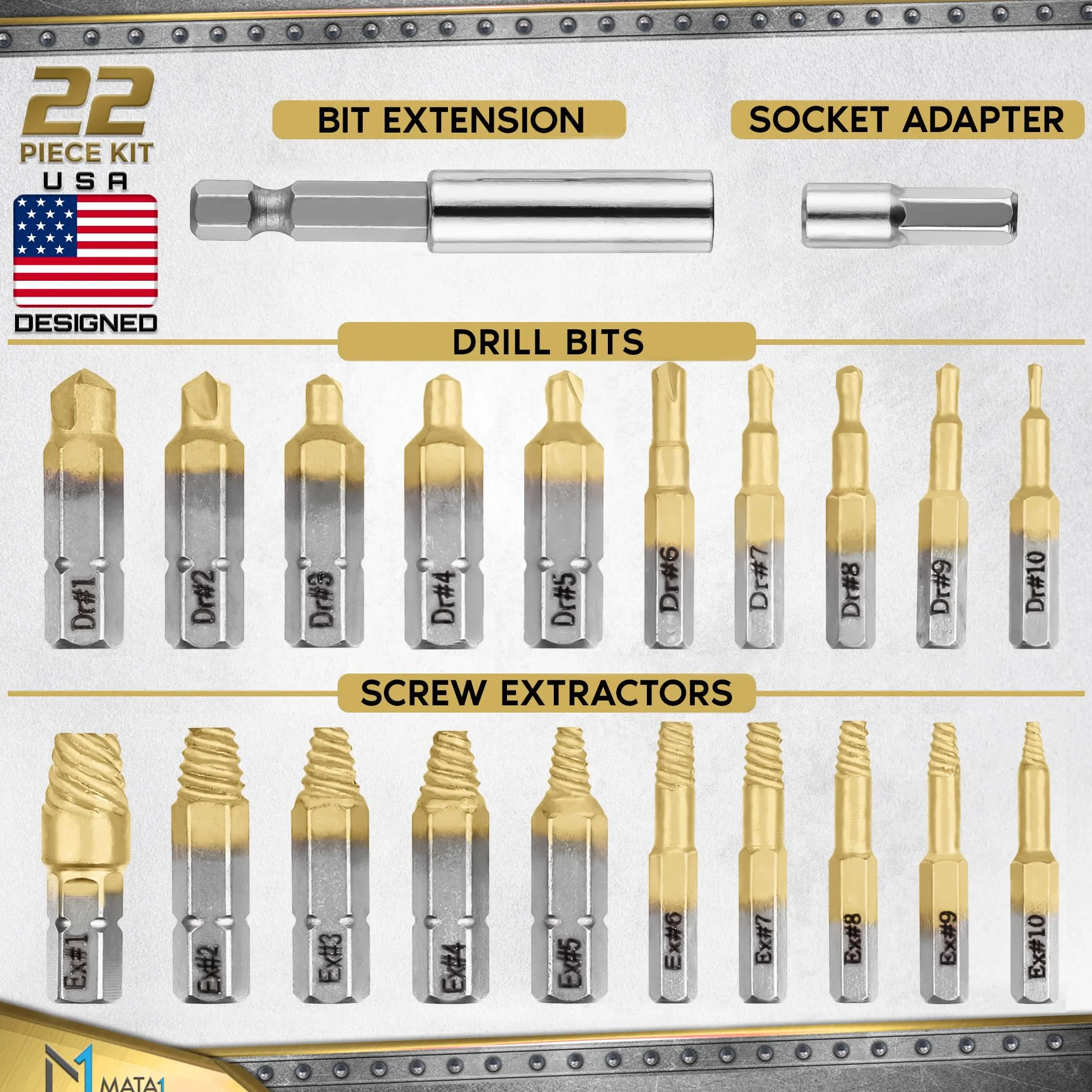 Titanium Screw Extractor Set for Broken & Damaged Screws - 22 pc, Silver & Gold - Remover Kit with Drill Bits, Extractors, Bit Extension & Socket Adapter